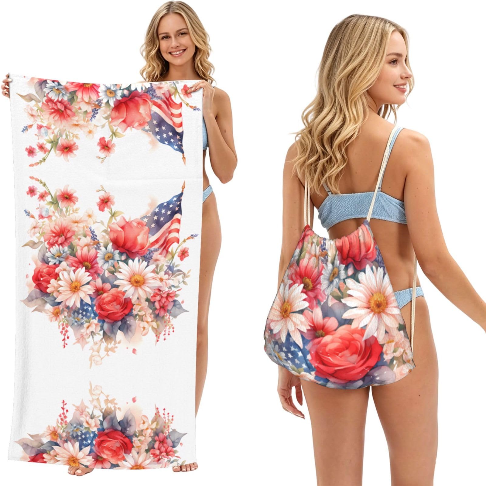 SXZVVBN Flags and Chrysanthemums 2-in-1 Beach Towel Bag, Quick Dry Sand Free Travel Towel Backpack for Adults