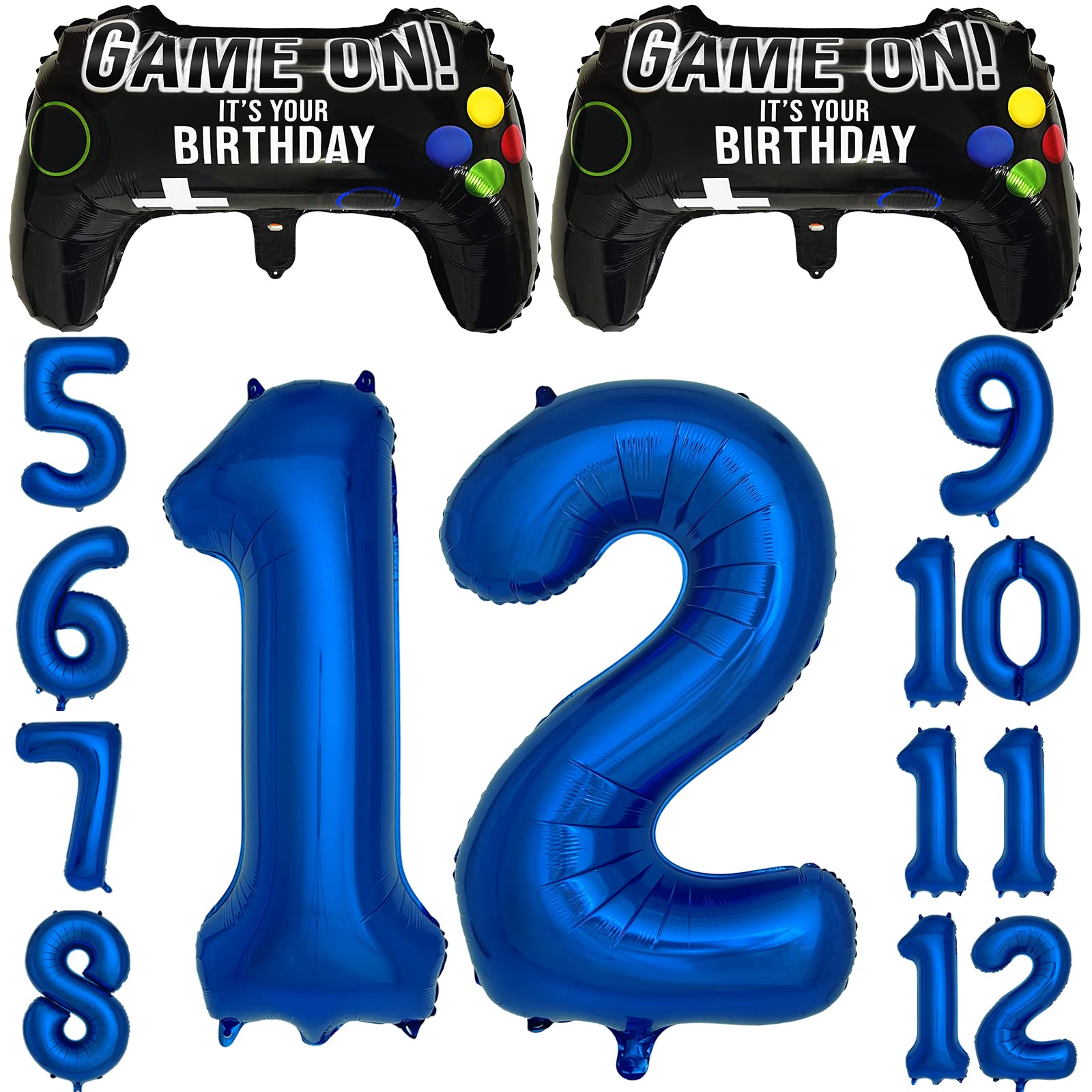 Navy Blue Video Game Party Supplies Boys 12th Birthday Party Decorations- 2 Packs Game On Balloons with Dark Blue Number 12 Balloon