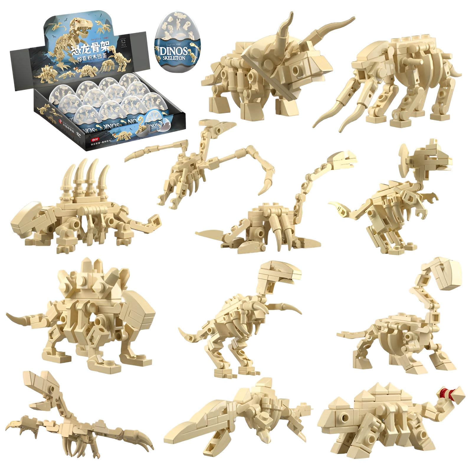 12-in-1 Dinosaur Fossil Building Blocks Set, T-Rex, Stegosaurus, Velociraptor Skeletons Bricks Kit, Collect Dino Skeletons Model, STEM Education Toy, Home Decor, Creative Gift for Men, Women