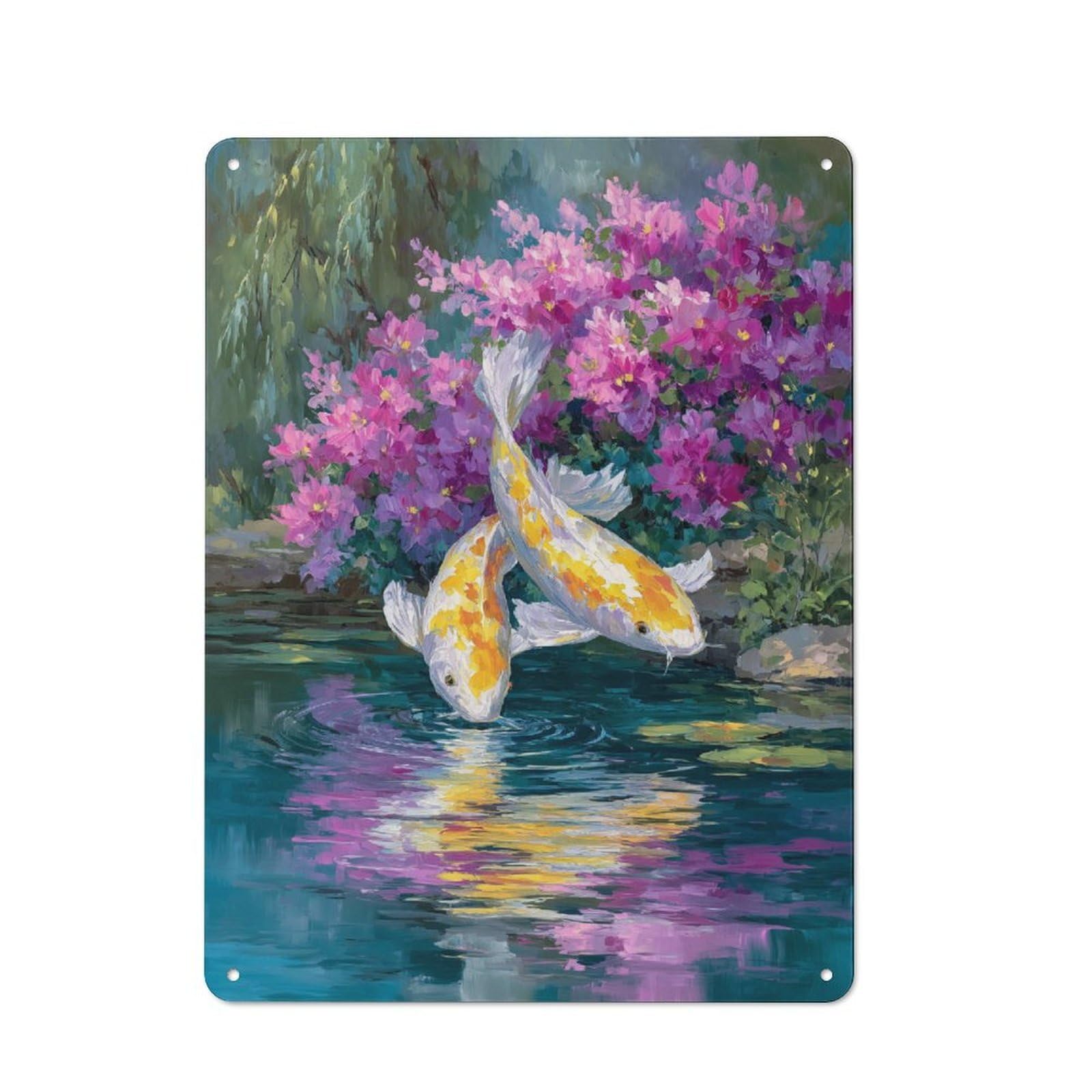 Junmoney Koi Fish Pond With Pink Flowers Classic Metal Wall Decor 40X30cm, Decorative Tin Plaque For Cafe, Pub, Workshop Or Home Bar