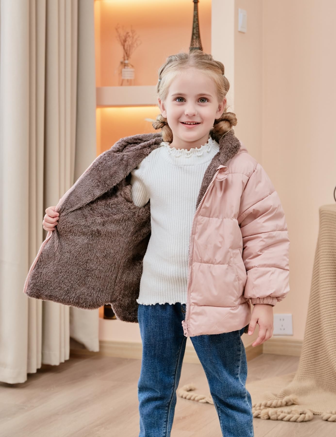 Enlifety Abrigo de forro polar de invierno para niños y niñas, con capucha y bolsillos para bebés de 6M-5T