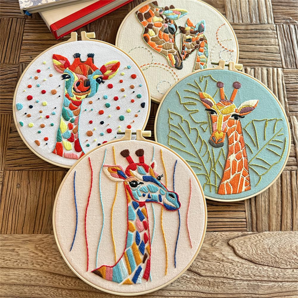 Meecaa 4P Animal Giraffe Animal Embroidery Kit Starter Set, Hand Embroidery Set,Pattern Printed Cross Stitch Set for Beginner Adults, with Embroidery Hoop and Instructions (Animal)