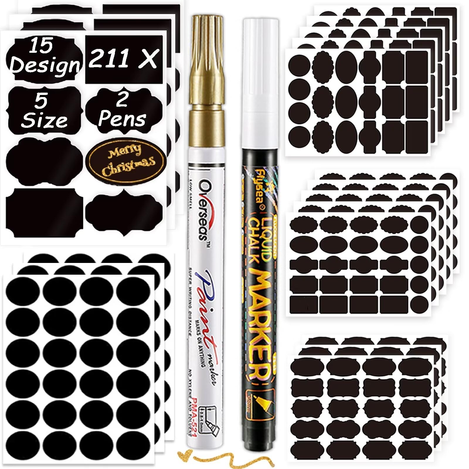 Chalkboard Labels, 211pcs +2 Waterproof Reusable Blackboard Labels Sticker for Kitchen Organize, Labels for Jars with 2 Erasable Chalk Pens to Decorate Office Mason Jars Kilner Bottles