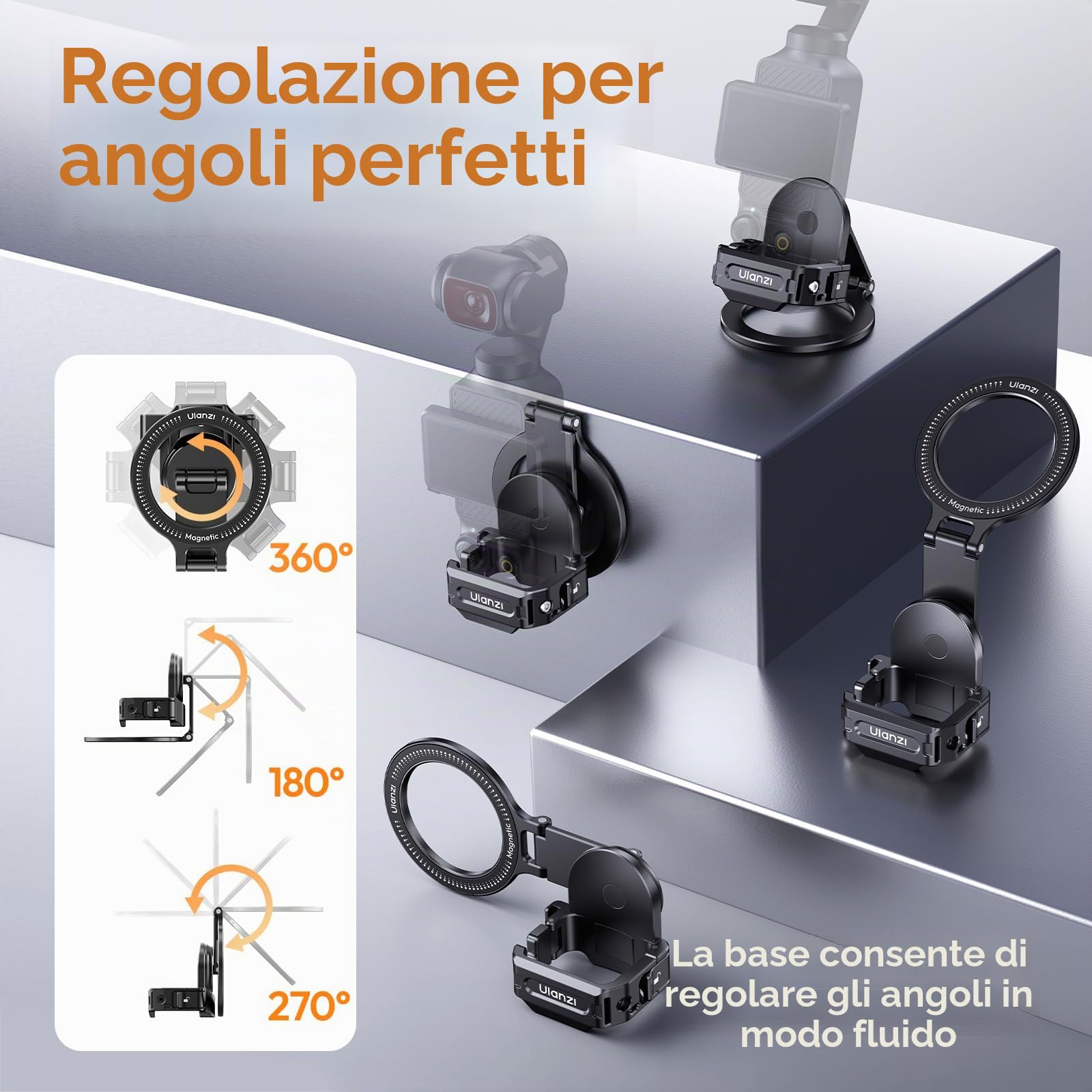 ULANZI PM01 Supporto magnetico compatibile con DJI OSMO Pocket 3, supporto per fotocamera ad espansione in alluminio con attacco a slitta fredda e supporto da 1/4", regolazione 181/270/360°, tasca