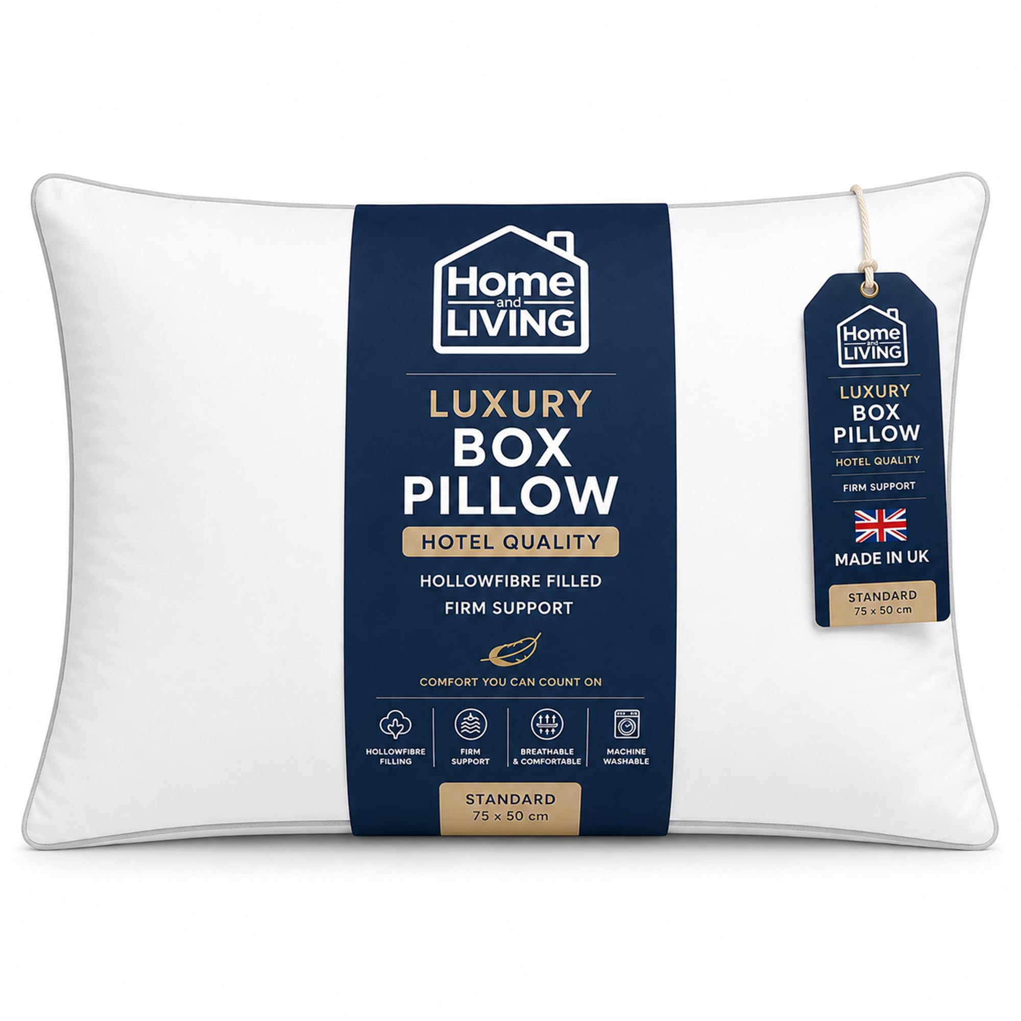 Hotel Quality Luxury Box Pillow (1 Pack) with Piped Edge | Supportive Firm Pillow with Hollowfiber Fill | Ideal Side Sleeper Pillow & Support Pillow for Neck Pain Relief | UK Standard Size (50 x 75cm)