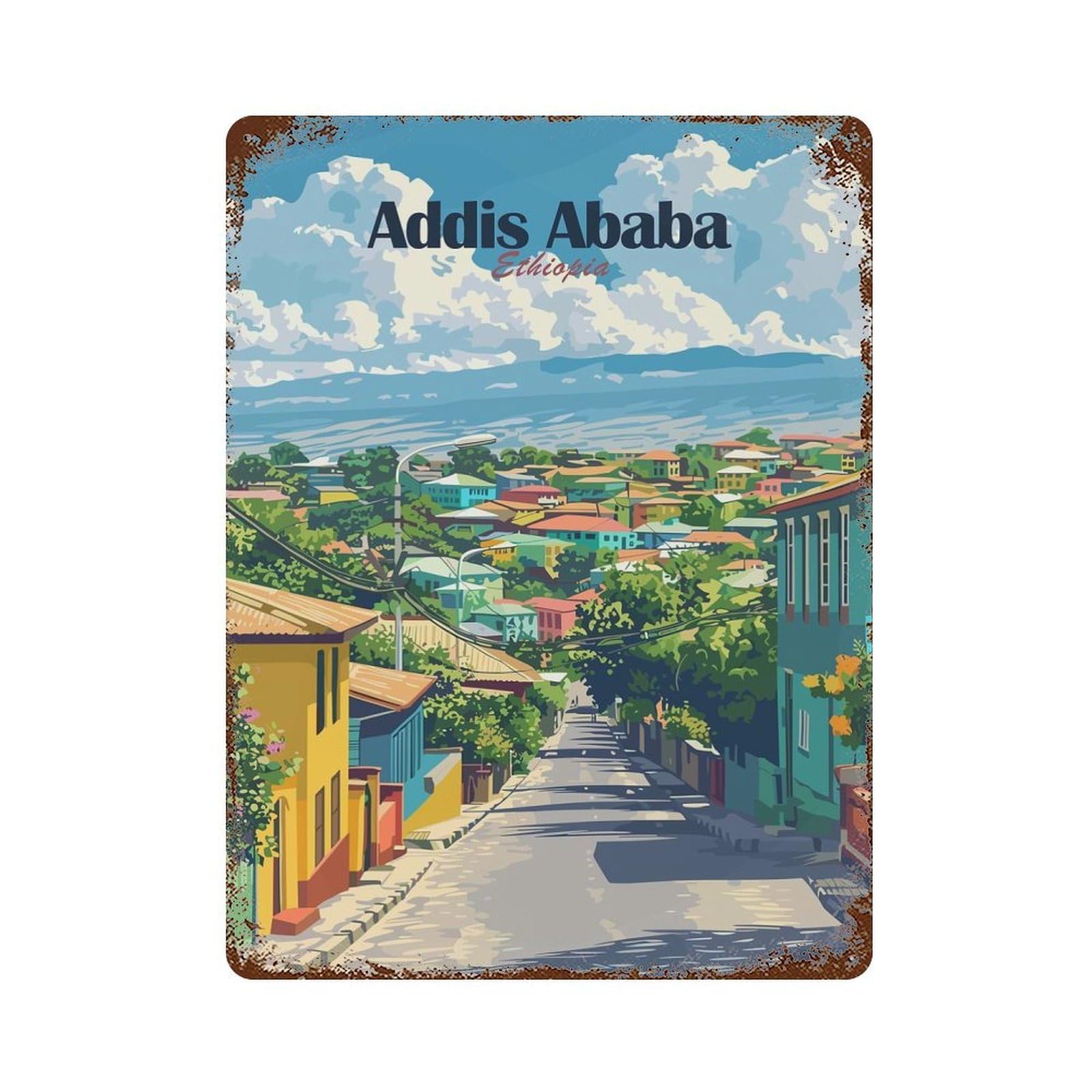Addis Ababa Cityscape Weathered Tin Sign 15.7"x11.8", Vintage Wall Decor for Garage, Pub Or Kitchen