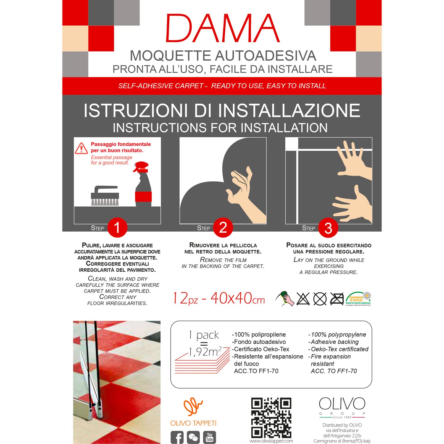 OLIVO.shop | DAMA Moquette adesiva per interni, quadrotti moquette certificata pavimenti 40x40 cm - Kit 12 pezzi (1,92 Mquadri), 4 colori (Rosso)
