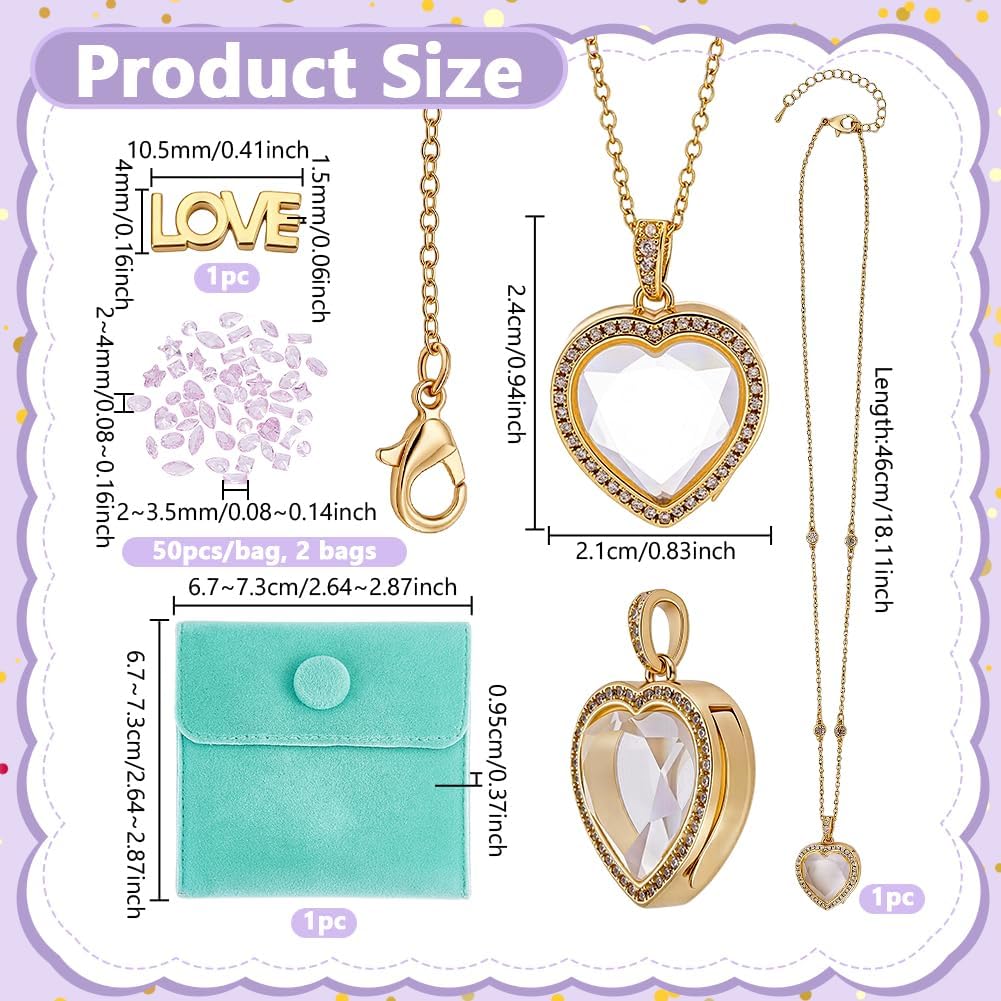 NBEADS 1 Set Floating Locket Necklace for women, Brass Heart Floating Necklace Memory Locket Charms with Cubic Zirconia Word LOVE Cabochons for Christmas Valentines Day Gifts, with Velvet Pouch