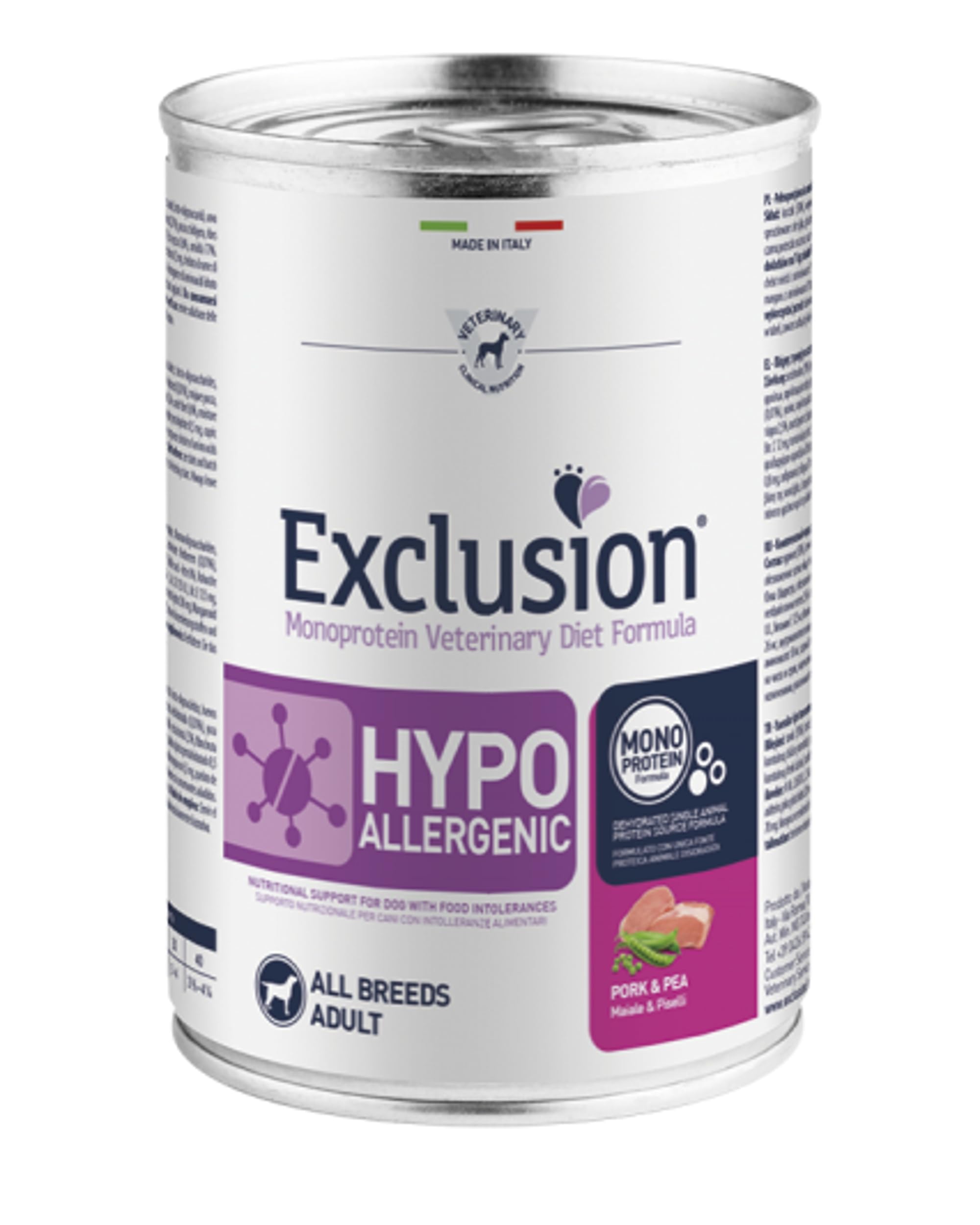 Exclusion Hypoallergenic Maiale e Piselli Umido per Cani Adulti Monoproteico Confezione 12 Lattine da 400g