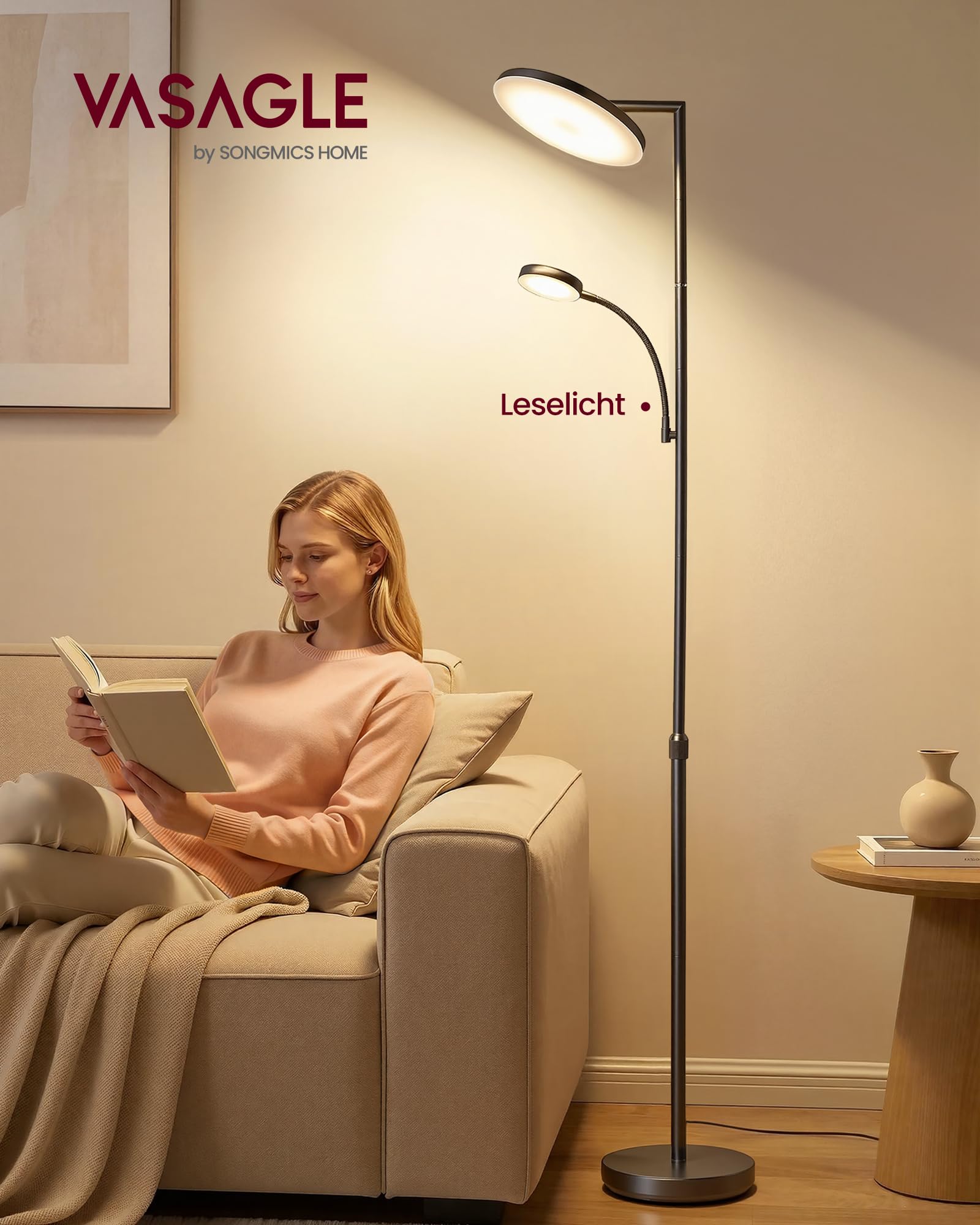 VASAGLE Stehlampe Wohnzimmer, LED-Stehleuchte höhenverstellbar, Standleuchte 42W, drehbarer Lampenkopf, Schlafzimmer, Büro, Leselampe, Timer, Tasten- und Fernbedienung, mattschwarz LFL028BD02