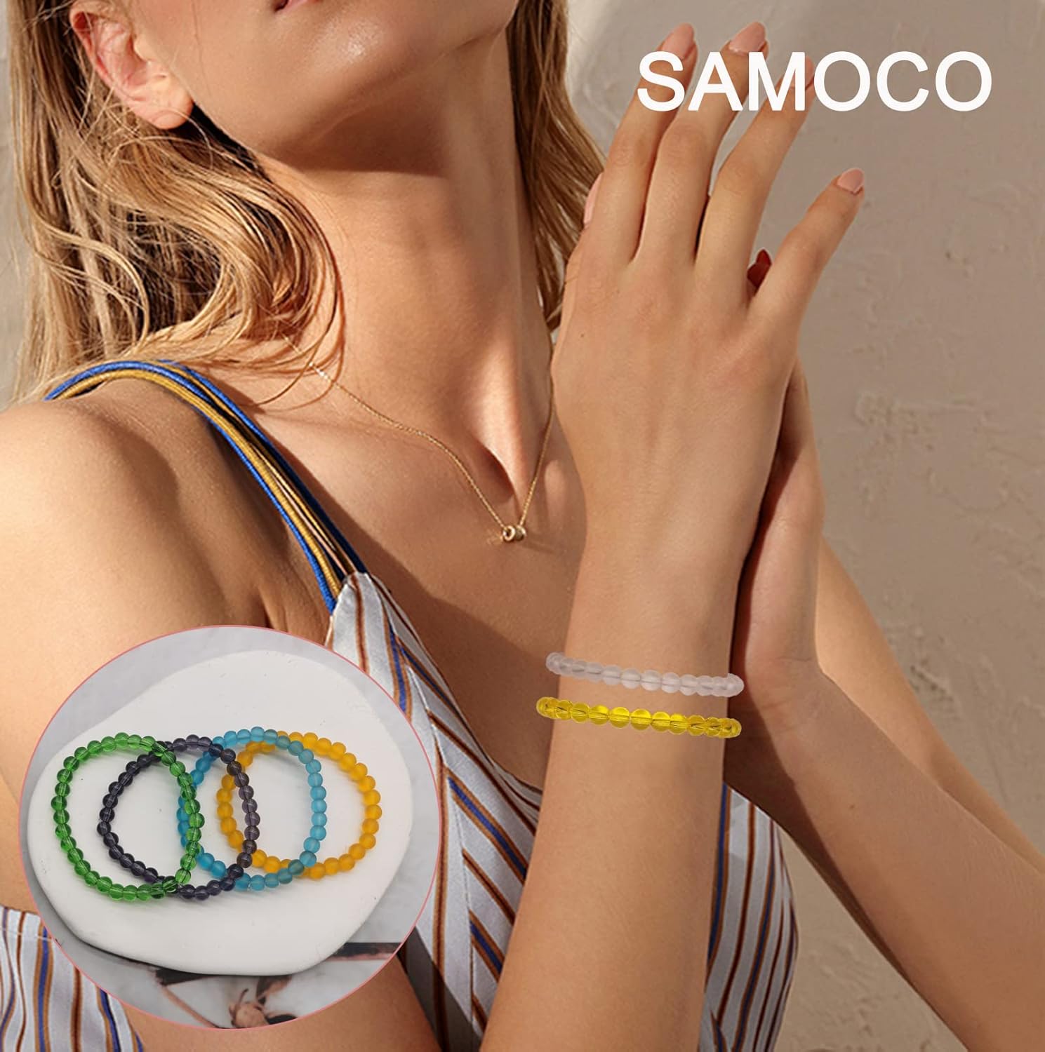 Miniatura 2 de SAMOCO 18 pulseras elásticas de cuentas de 0.236in hechas a mano redondas de cristal para mujer, multicolor mate, pulsera elástica