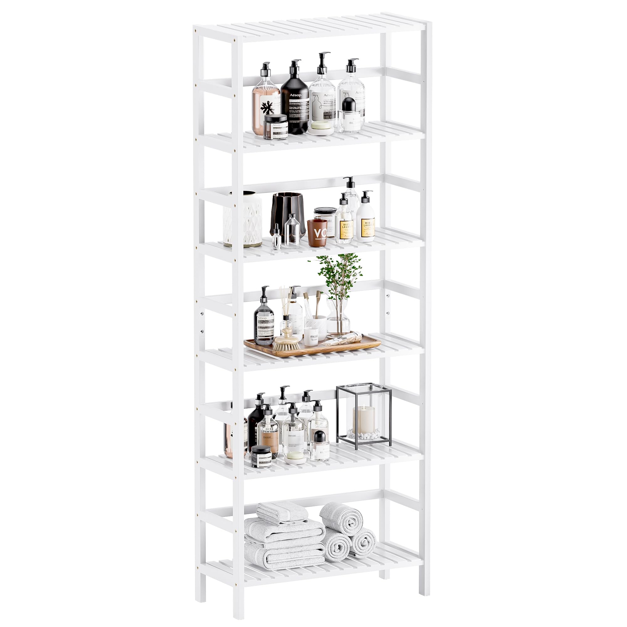 HITNET White Bookshelf, 6-Tier Adjustable Tall Bookcase, Bamboo Book Shelf Organizer, Free Standing Storage Shelving Unit, Display Flower Plant Stand for Small Spaces