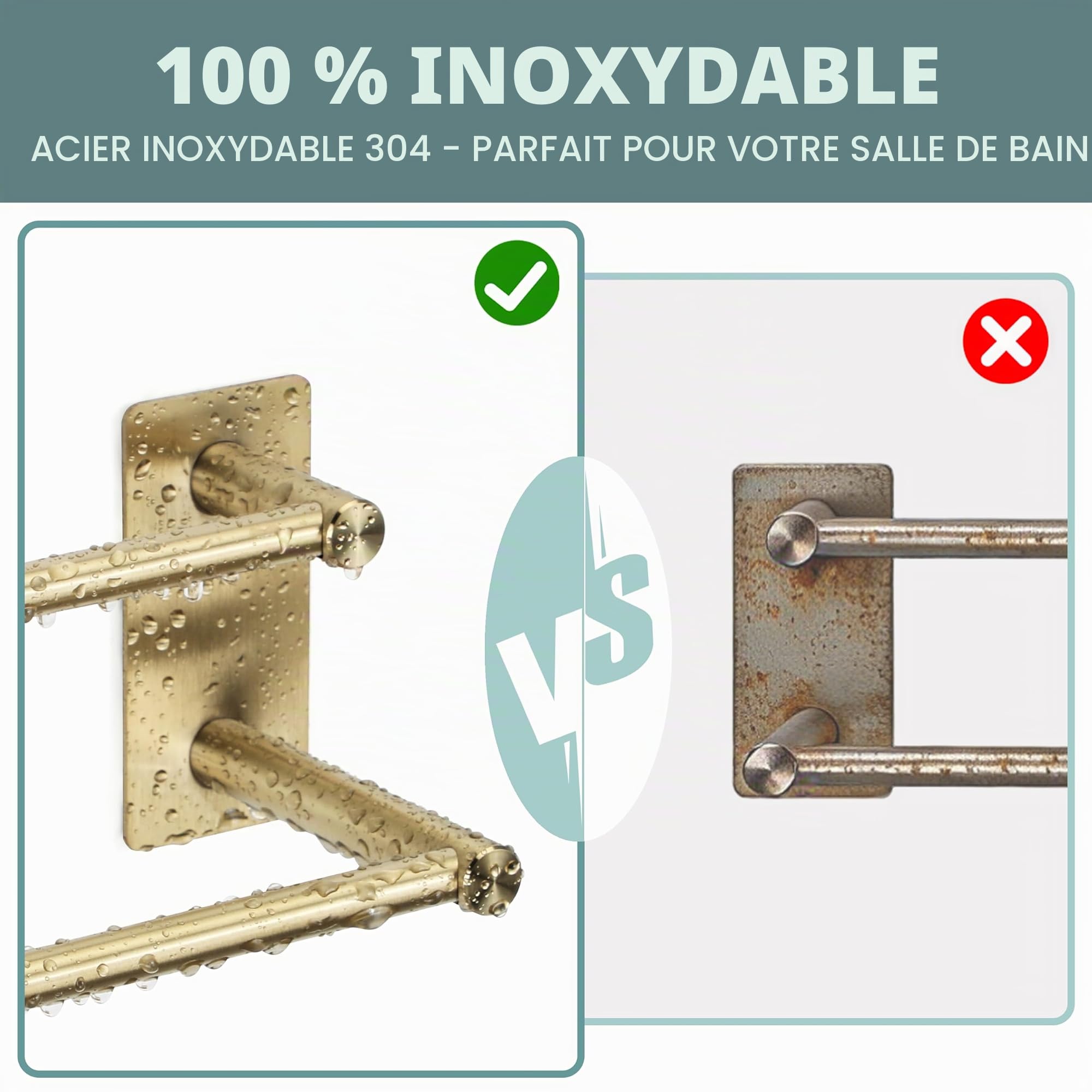 Porte-Serviette Double 60cm Autocollant sans Perçage, Acier Inoxydable, Doré‌