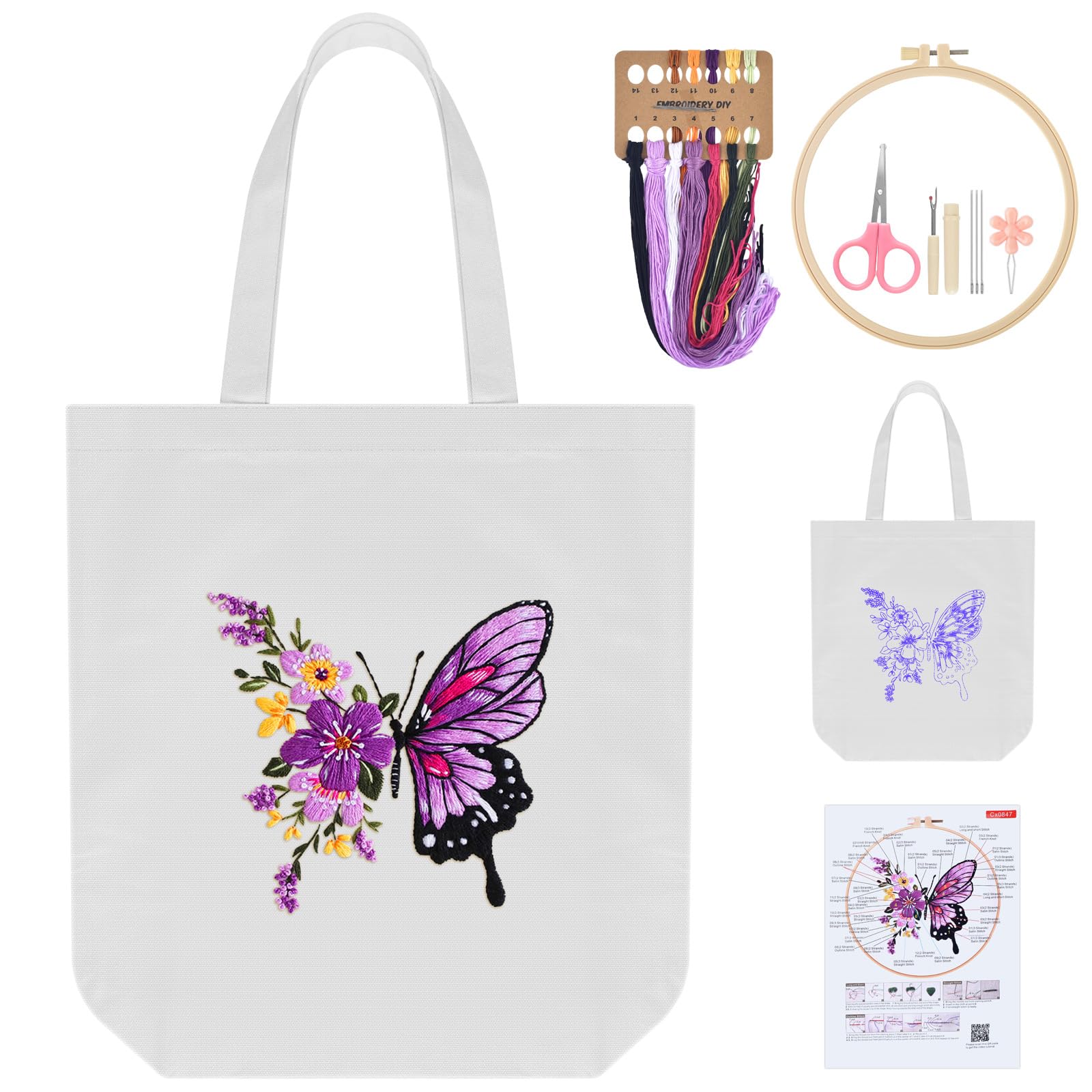 ERKOON Embroidery Canvas Tote Bag, DIY Printed Cross Stitch Craft Kit for Beginners with Hoops,Material Package & Guide,Canvas Shoulder Bags, For Shopping,Grocery,Work,Gift (Butterfly)
