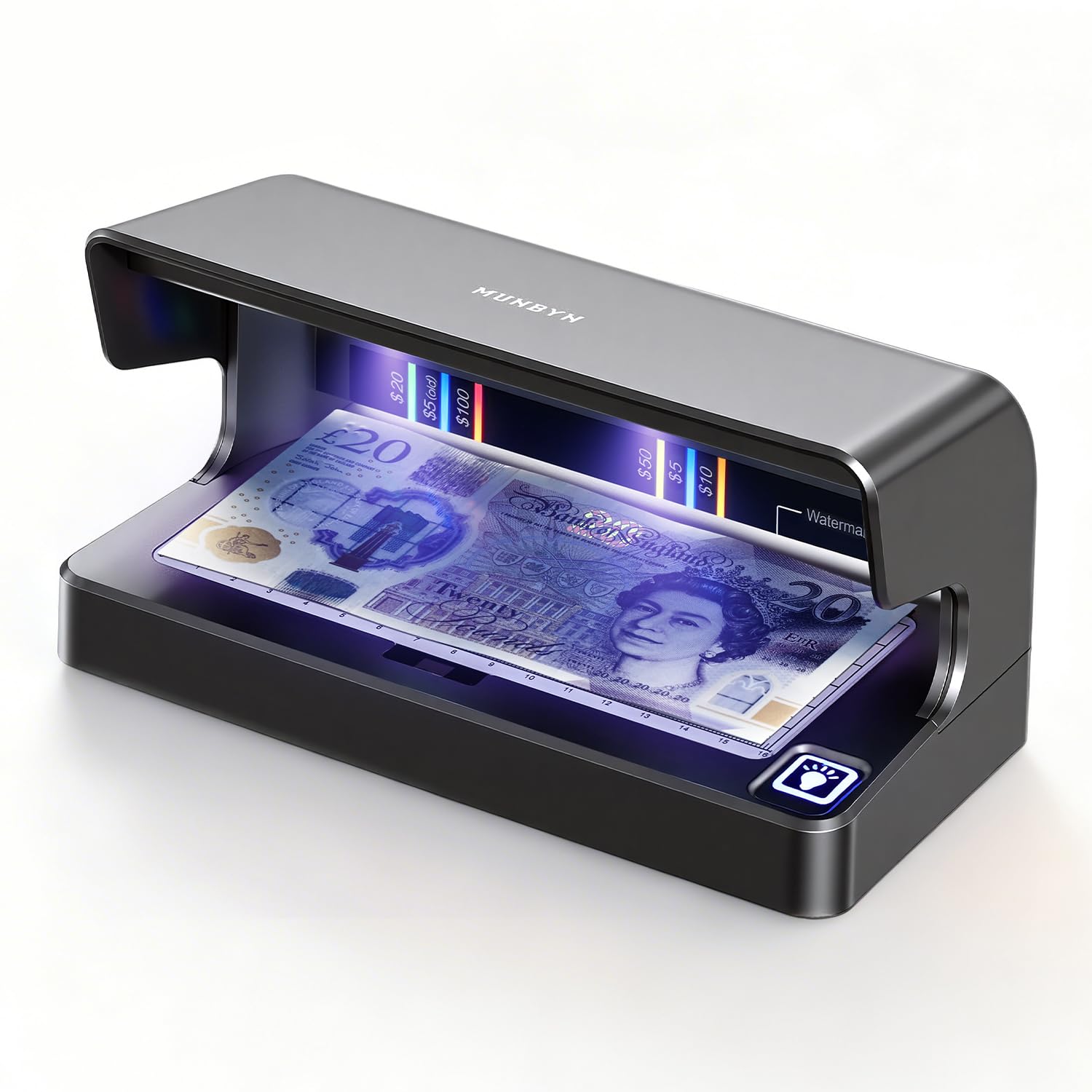 MUNBYN IMC26 UV Money Detector, Portable Counterfeit Bill Checker with UV & White Light, Rechargeable, Auto On/Off, Multi-Currency Cash、ID UV Feature Inspection for Retail、Small Business