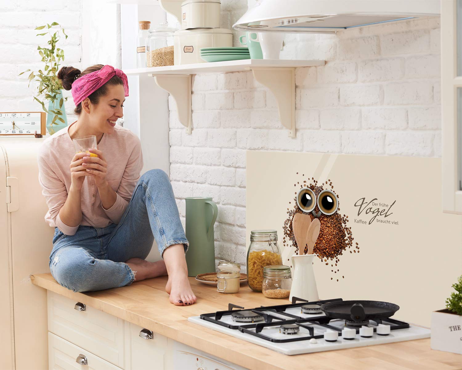 GRAZDesign Küchenrückwand Glas Sprüche Kaffee Lustig Spritzschutz Herd | Druck hinter Glas | Bild Motiv braun Rückwand Küche, Glasplatte mit Motiv Küchenmotive, 80x50cm