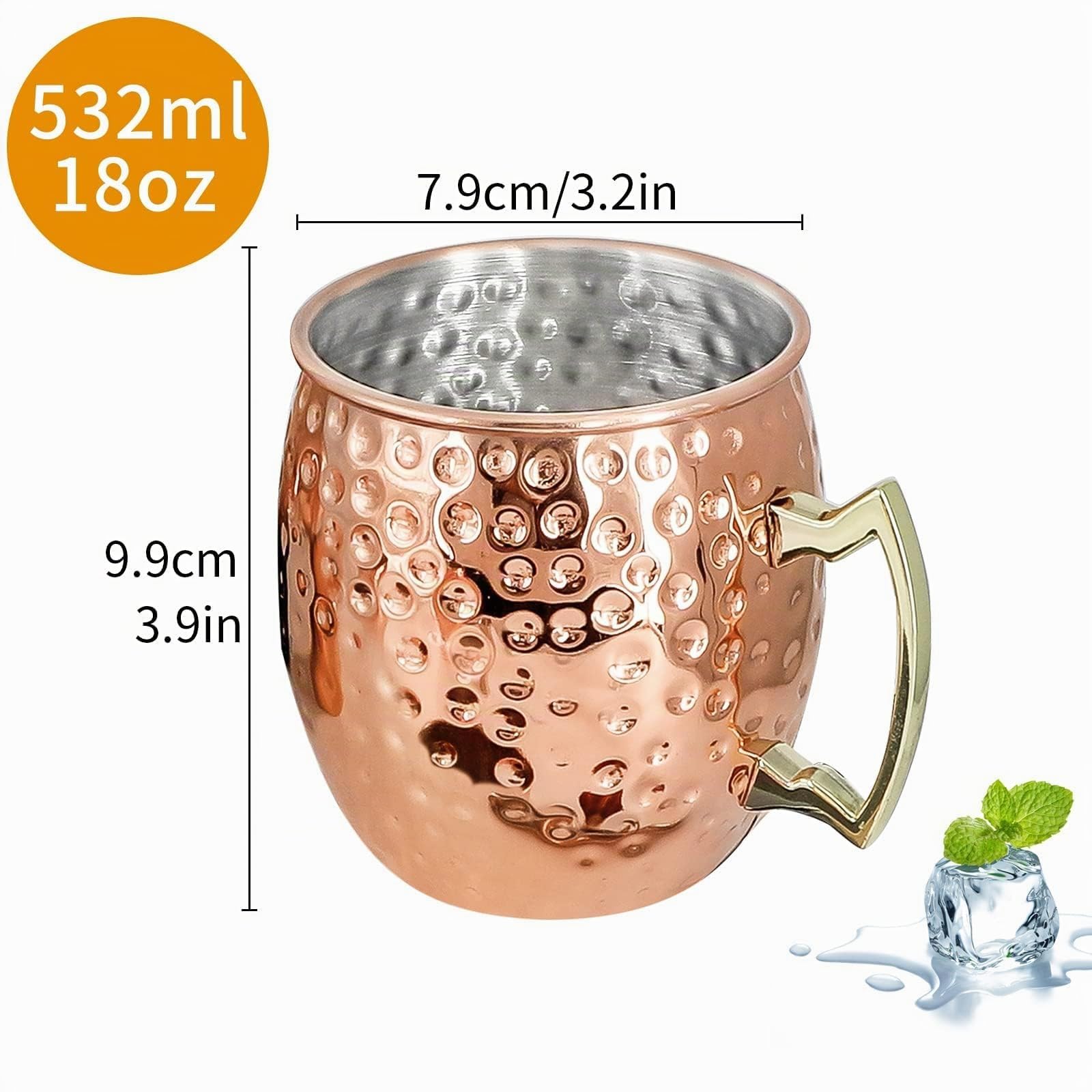 SuproBarware Moscow Mule Lot de 4 tasses avec doseur de 0,6 cl en acier inoxydable plaqué cuivre 530 ml Parfait pour les boissons froides