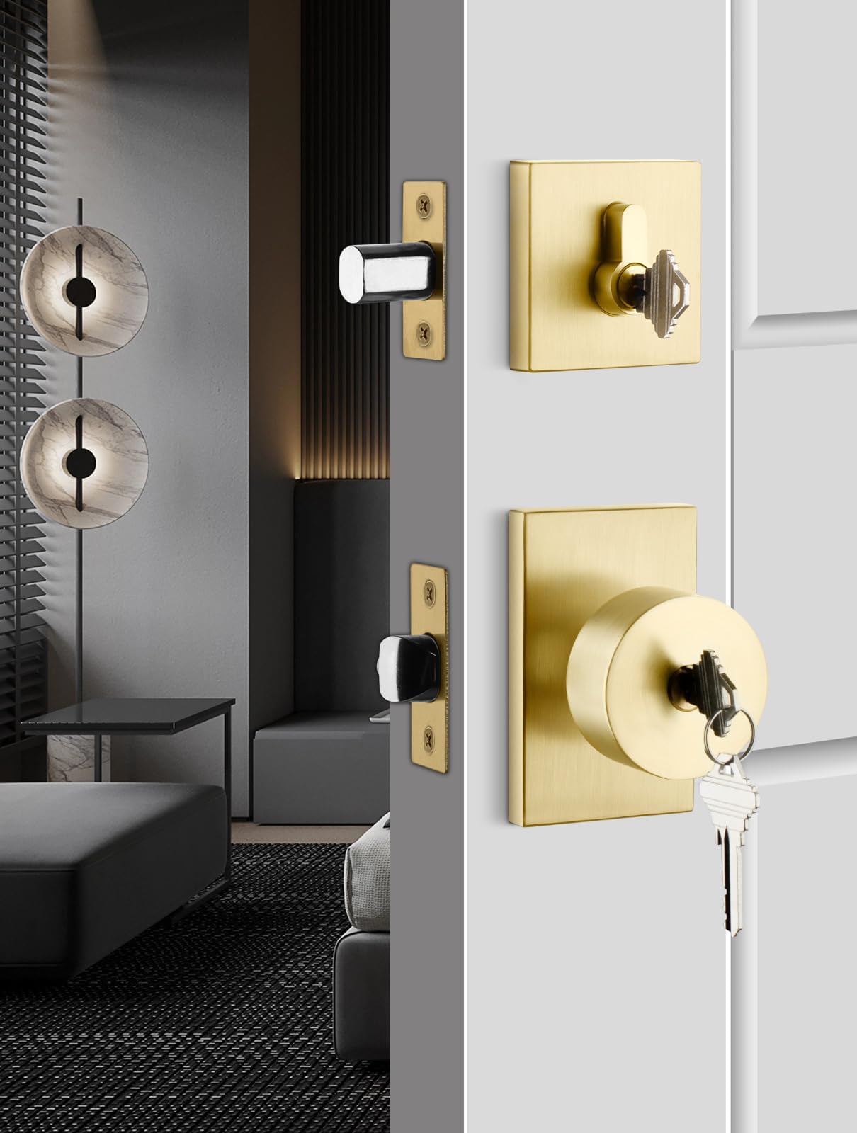 Gold Exterior Door Lock Set, Square Contemporary Brushed Gold Door Knob and Deadbolt Set, Heavy Duty Brass Door Locks for Front Door (1 Pack)