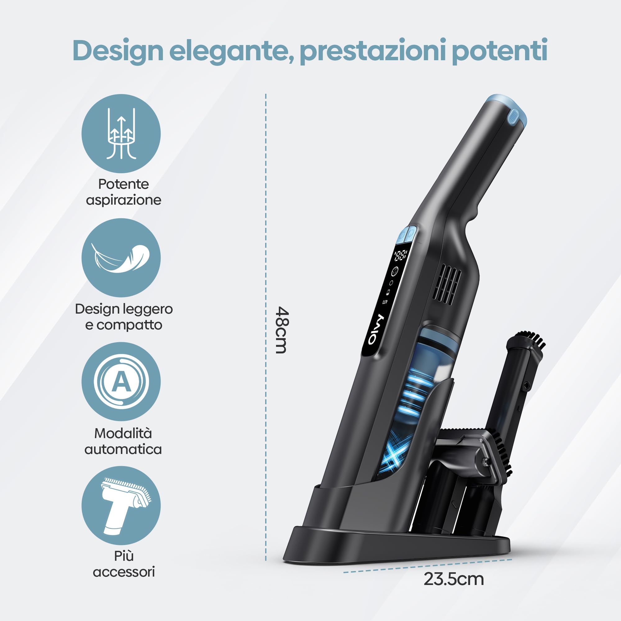Olvy HC32 PRO Aspirabriciole Senza Fili – Aspirapolvere Portatile 250W, 22 kPa, 3 Modalità di Aspirazione, Fino a 35 Minuti di Autonomia, Display LCD, Accessori Inclusi – Pulizia Rapida per Casa e Aut