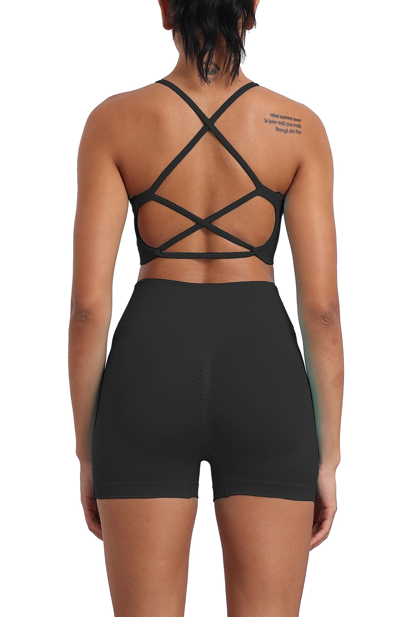 Seamless Workout Sets Tops and Bottoms for Women Strappy Crisscross Sports Bras with Shorts 2 Piece Yoga Outfits Tracksuit