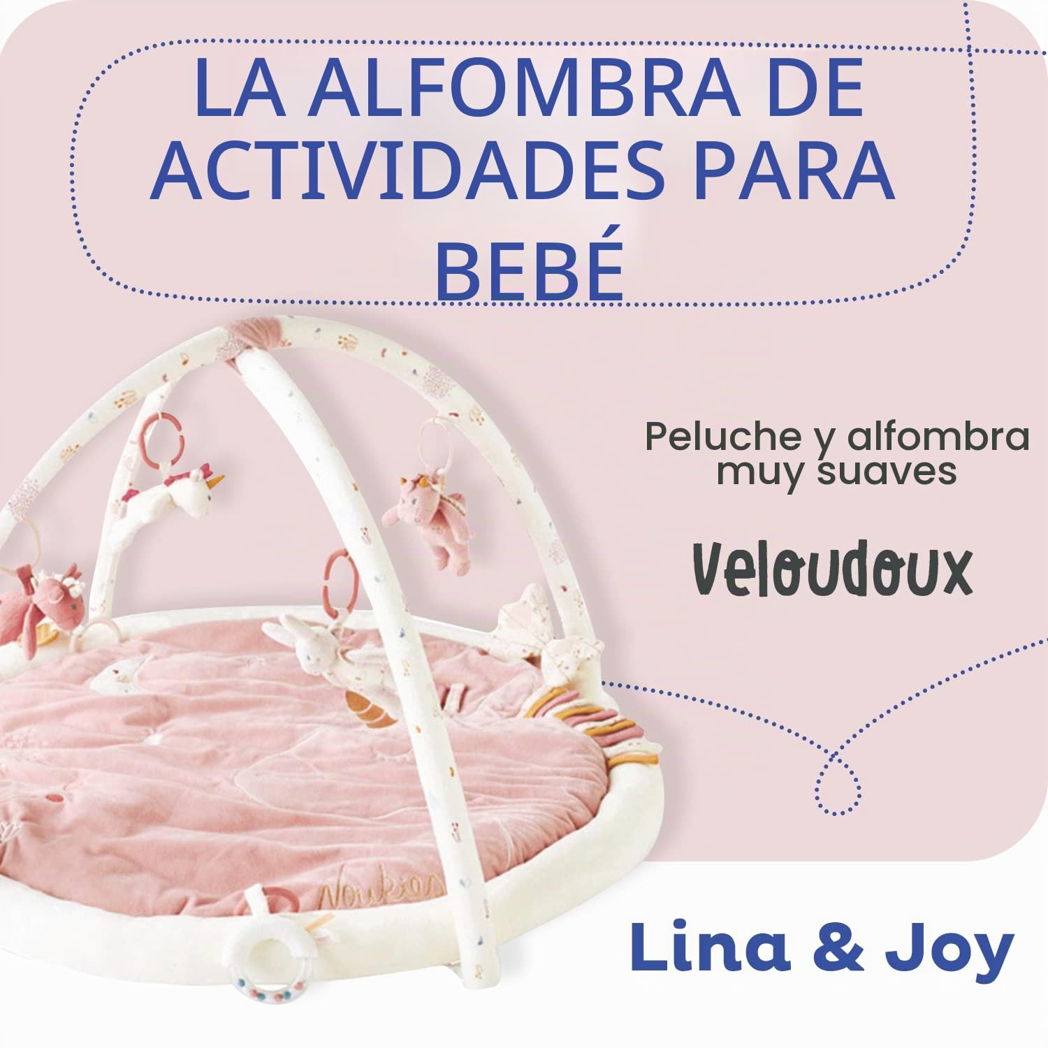 NOUKIE'S – Alfombra de Juegos para Bebé Veloudoux Lina & Joy – Alfombra Sensorial con Juguetes Colgantes – Motricidad, Desarrollo, Estimulación – Lavable a Máquina – Recién Nacido – Regalo