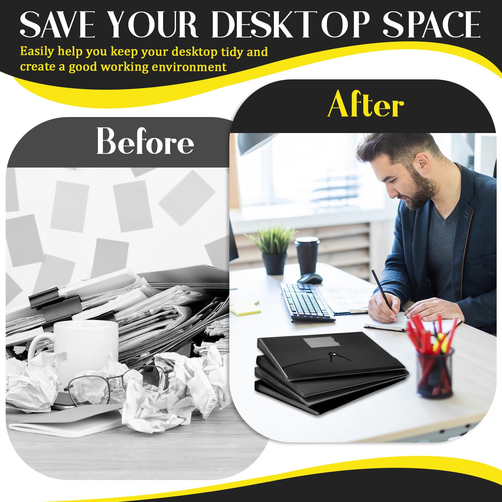 Glenmal 10 cartelle portadocumenti espandibili con 7 tasche, con etichette, in plastica, espandibili, formato A4, formato lettera, organizer per ufficio (nero)