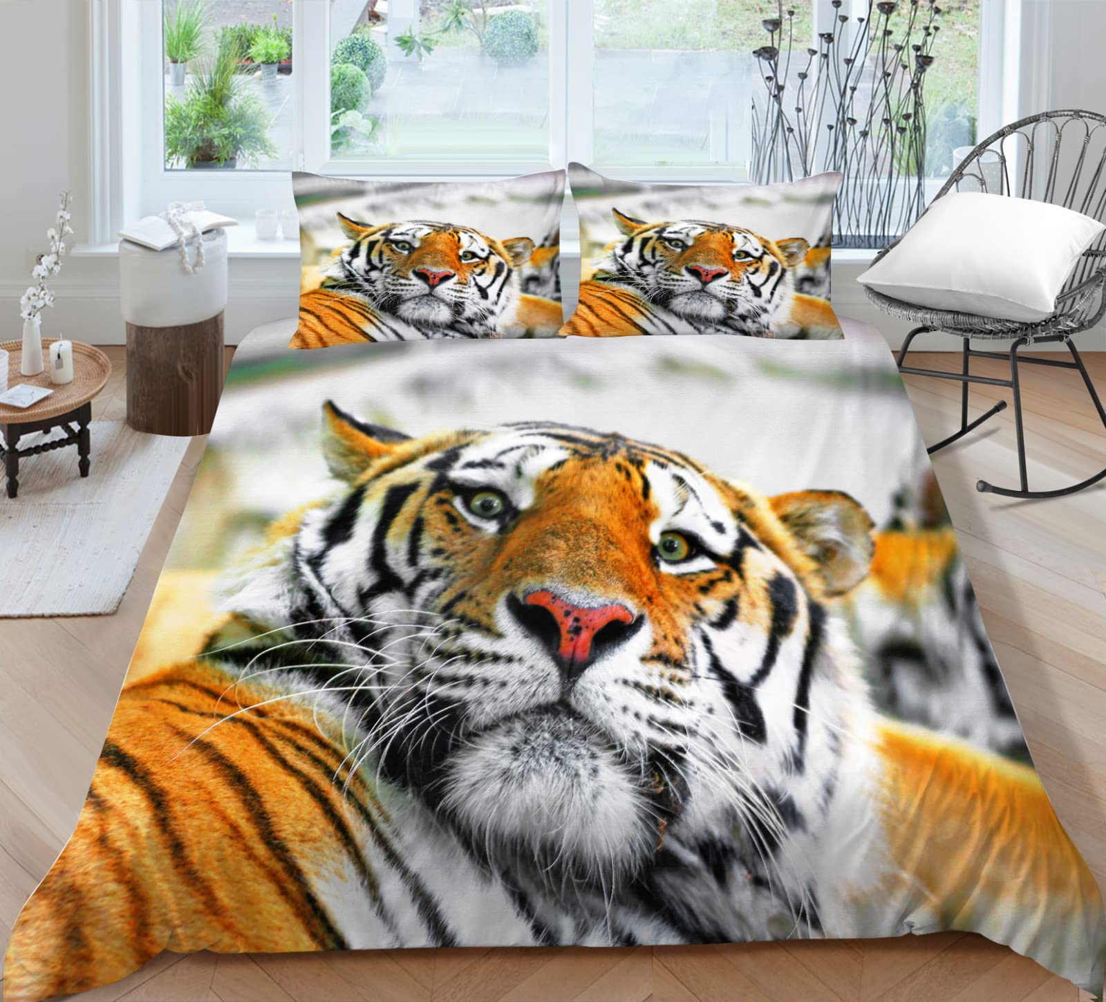Housse de couette 160x200 tigre blanc en microfibre avec 2 taies