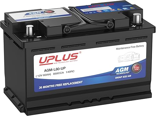 UPLUS BCI Group 94R - Batería de coche, AGM-L80-UP sin mantenimiento, 12 V, 80 Ah, baterías AGM prémium H7 L4, 850CCA, 140RC