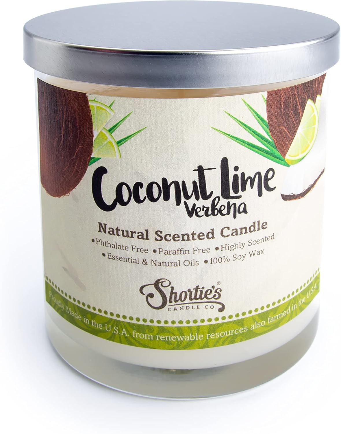 Coconut Lime Verbena Scented Natural Soy Candle, Essential Fragrance Oils, 100% Soy, Phthalate & Paraben Free, Clean Burning, 9 Oz.