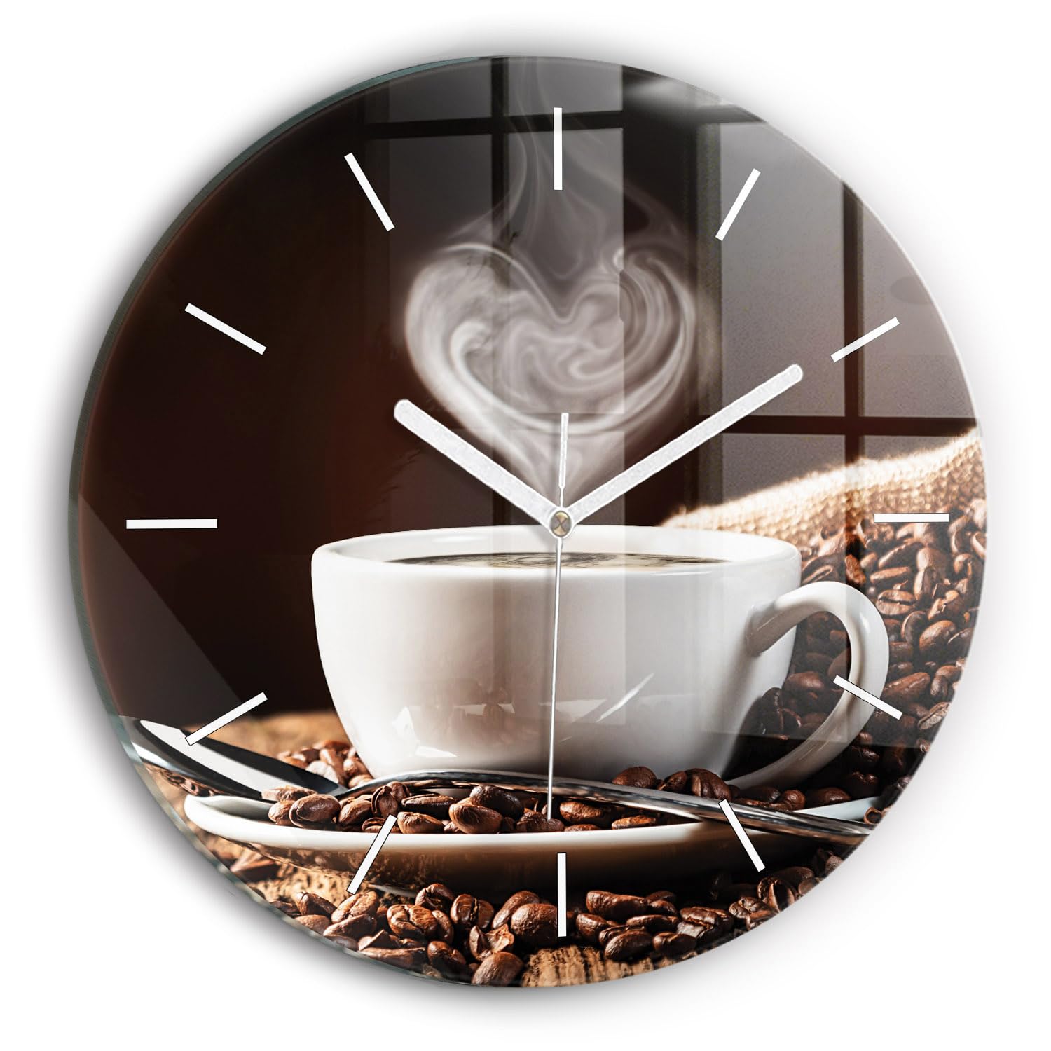 Horloge en verre 30 cm Wallfluent au mécanisme silencieux et motif tasse de café