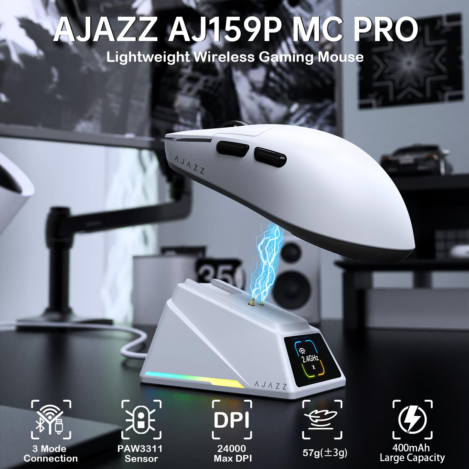 AJAZZ AJ159P Ratón Gaming Inalámbrico Superligero con Base Carga RGB-Blanco | Tri-modo BT/2.4G/USB, Sensor Óptico PixArt PAW3311 de 24000 DPI, Programable Computer Mice, for Office/PC/Mac/Win11