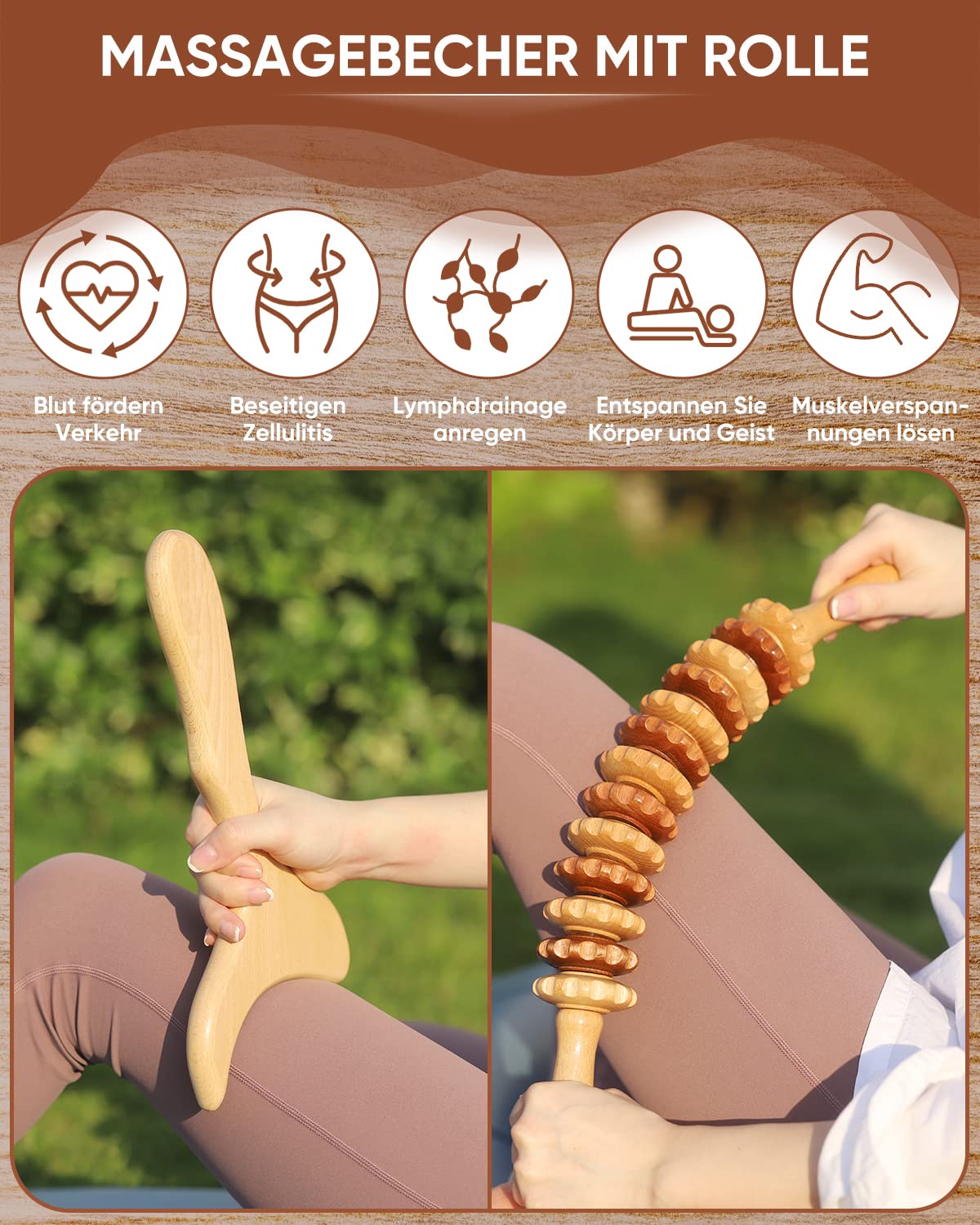 2-in-1 Holz Therapie Massage Tools Set Holz Maderoterapia Kit oder Lymphdrainage Massageroller Kits für Muskelentspannung, Körperformung, Gua Sha Massage, Anti Cellulite, Buche