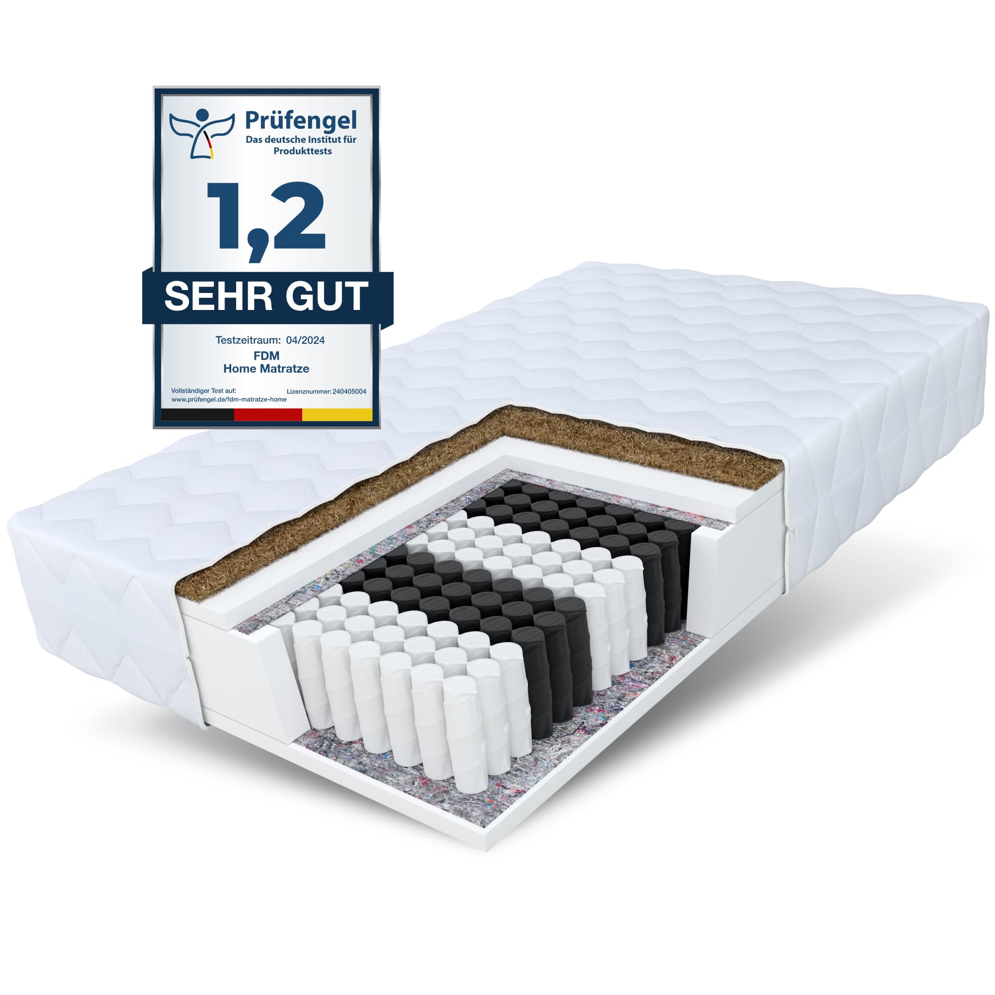 FDMHome MAX Mattress 80 x 200 cm Pocket Spring Core Height 24 cm Hardness H3 H4 7 Lying Zones Oeko-Tex Suitable for Allergy Sufferers Cover Washable Coconut Fibre Insert