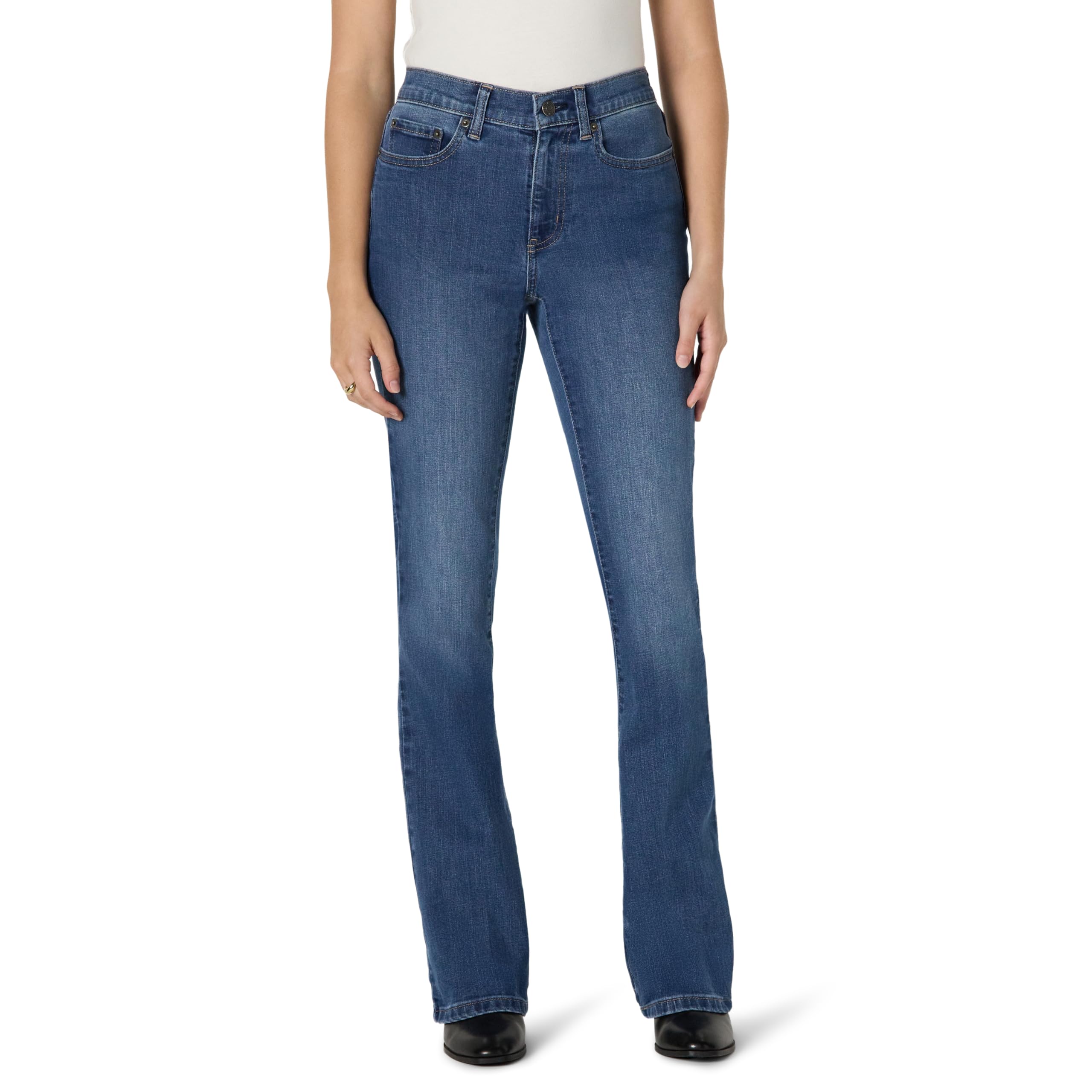 Amazon Essentials Damen High Stretch Slim Fit Mid-Rise Bootcut Jeans Klassische Mittlere Waschung 0 Kurz