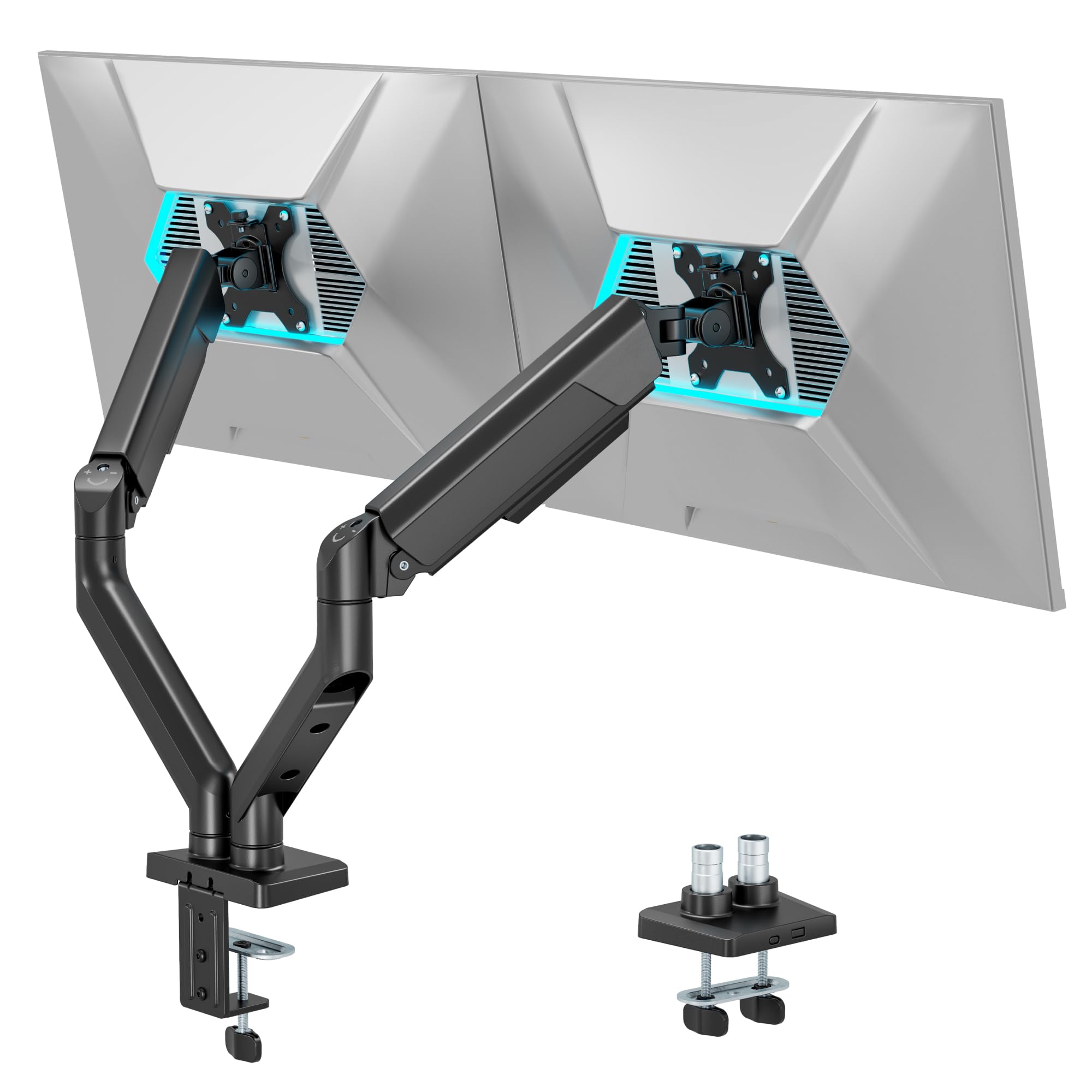 ARES WING Brazo Doble para 2 monitores de 17 a 35 Pulgadas, VESA 75/100 | Soporte para monitor de pantalla plana y curva, brazo de monitor para juegos con gestión de cables, inclinación / rotación