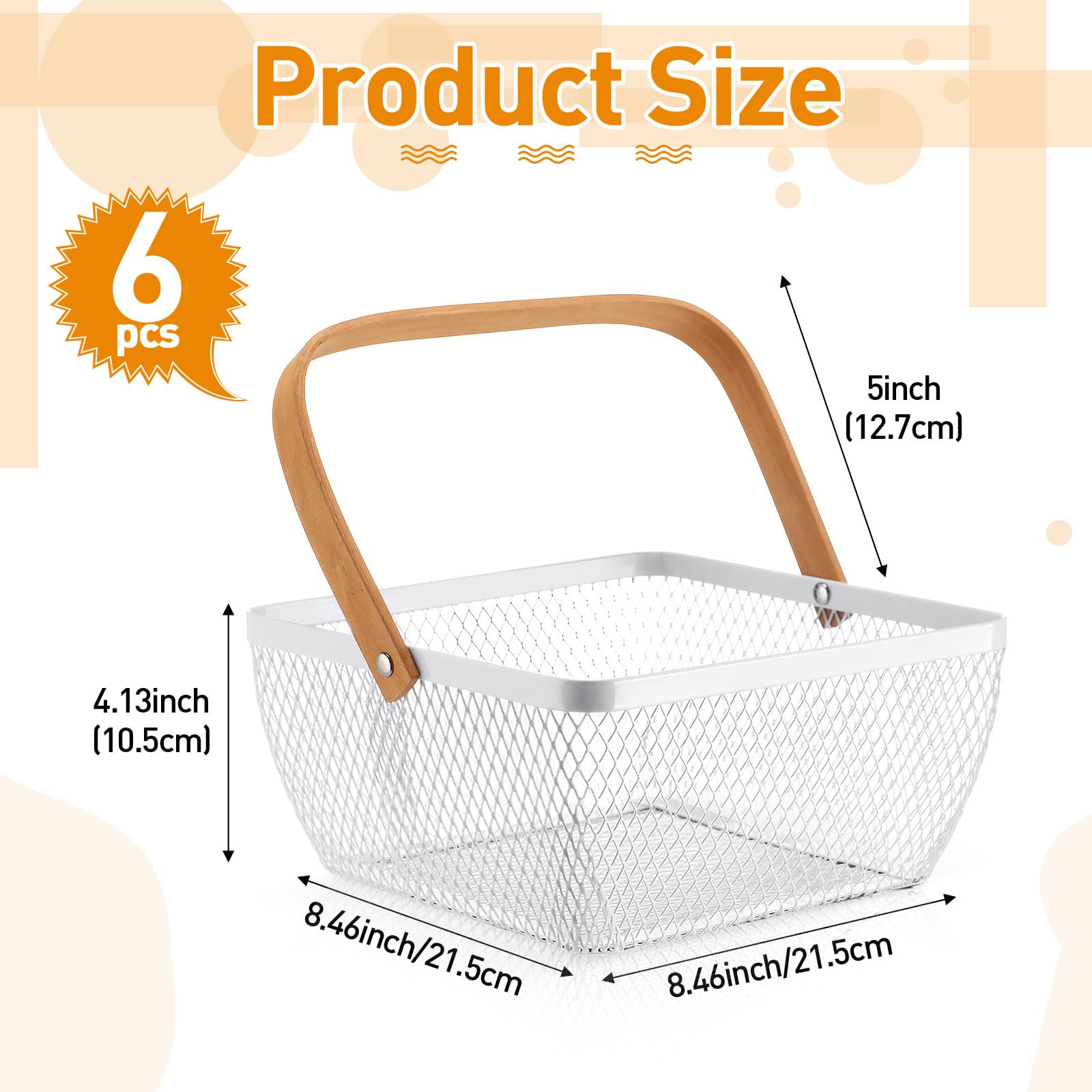 Kleine Einkaufskörbe aus Metallgeflecht mit Griff, quadratischer Draht, Ernteaufbewahrung für Küche, Aufbewahrung, Garten, Picknick, Badezimmer, 21,6 x 21,6 x 10,5 cm, Weiß, 6 Stück
