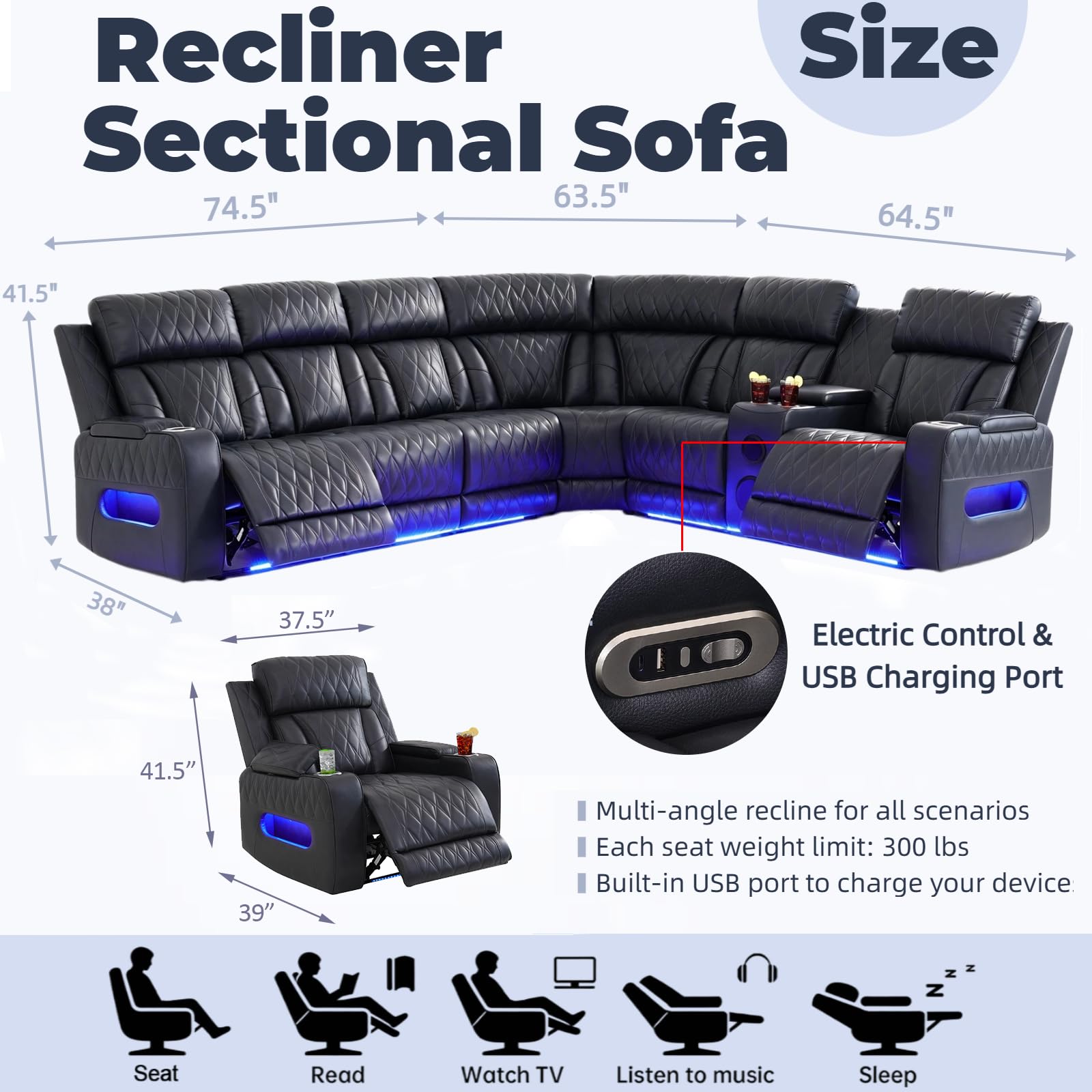 Power Reclining Sectional Sofa with Speakers & USB Ports for Living Room view 2