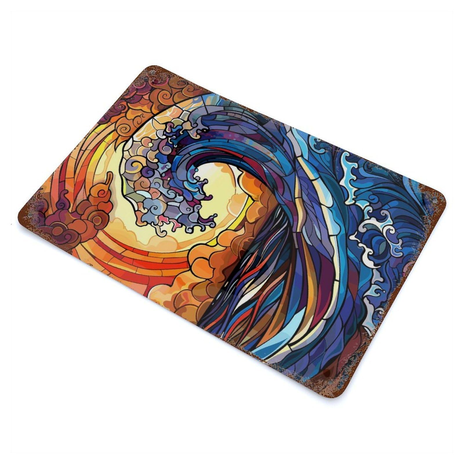 Stained Glass Ocean Wave Weathered Tin Sign 11.8"x7.9", Ideal for Basement, Hobby Room And Garage Decor