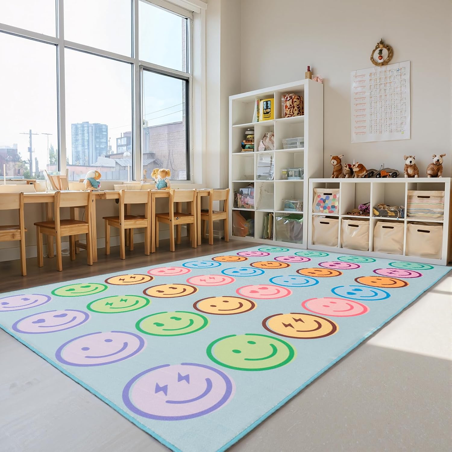 8' x 10' Classroom Rug for Kids with Pastel Smileys, Schoolgirl Style Educational Carpet for Preschool and Daycare, Large Play Mat for Playroom Seating and Learning Activities