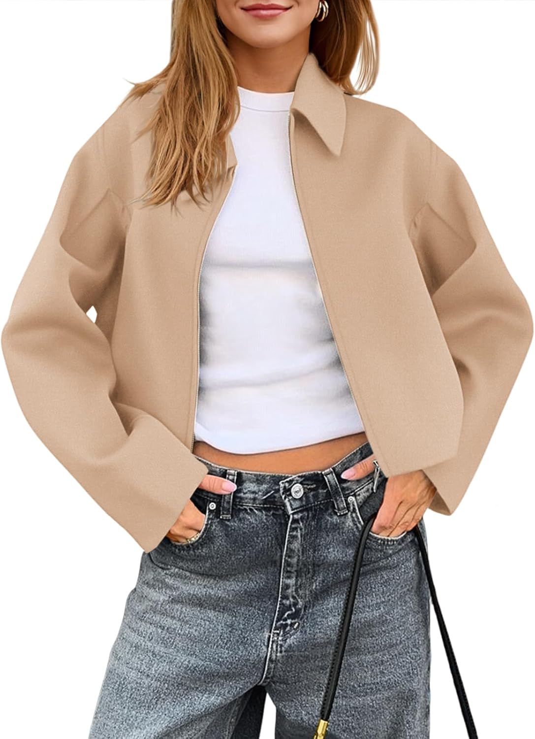 Yousify Womens Cropped Pea Coats Zip Up Short Casual Bomber Wool Blend Jackets Barn Fall Outerwear with Pockets