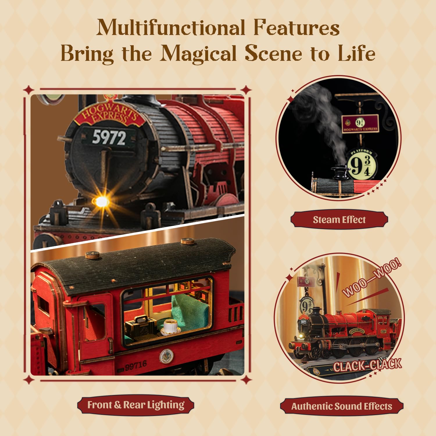 PUREMIND Harry Potter Hogwarts Express, puzzle 3D, oficjalna licencja | Ruchoma lokomotywa, peron 9¾, światło, para i dźwięk, mechaniczna konstrukcja, ekspozycja na półce lub w witrynie
