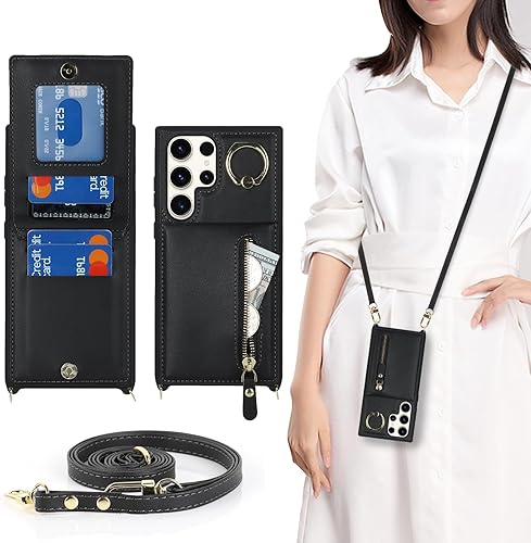 Jaorty Funda para Samsung Galaxy S23 Ultra 5G para mujer con tarjetero, Samsung S23 Ultra, funda tipo cartera cruzada con correa, ranuras para