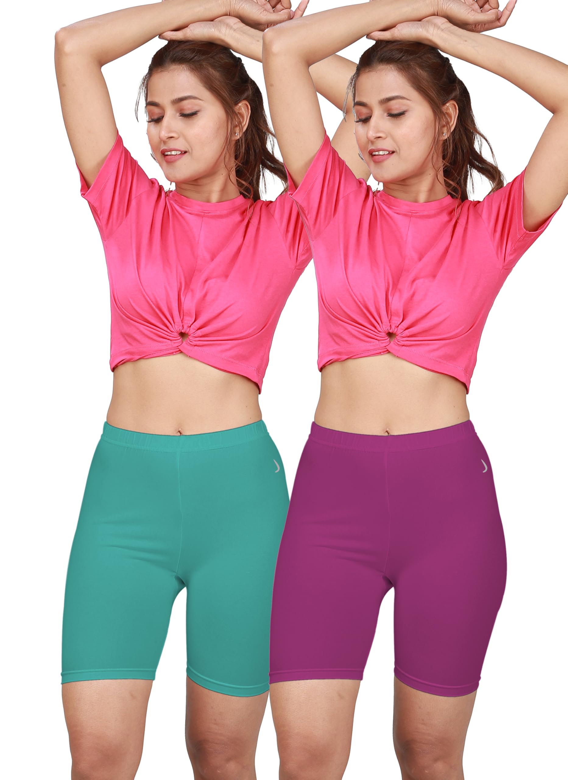 alba Flexy Women's Premium Shaping Tights – Cotton Elastane Blend, High Rise Design with Soft Bio-Washed Finish and Comfort Fit (95 CM | Size XL) - Green + Pink (Pack of 2)-picture-48
