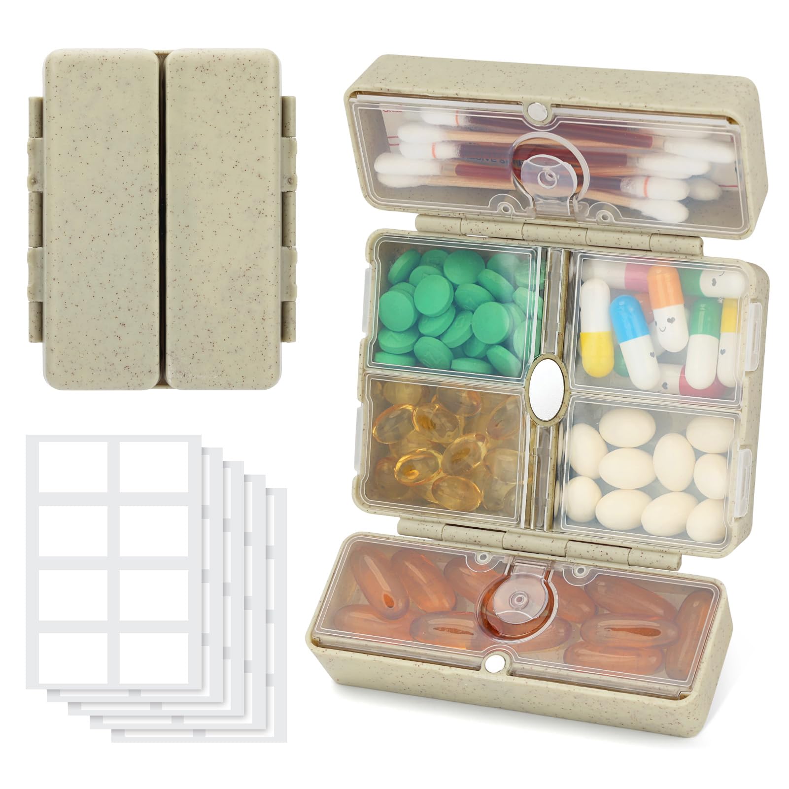 FYY Daily Pill Organizer with Labels, 6 Compartments Portable Pill Case Travel Pill Organizer, [Folding Design] Pill Box to Hold Vitamin, Fish Oil, Supplement, Cotton Swabs, Bandages or Jewelry Khaki