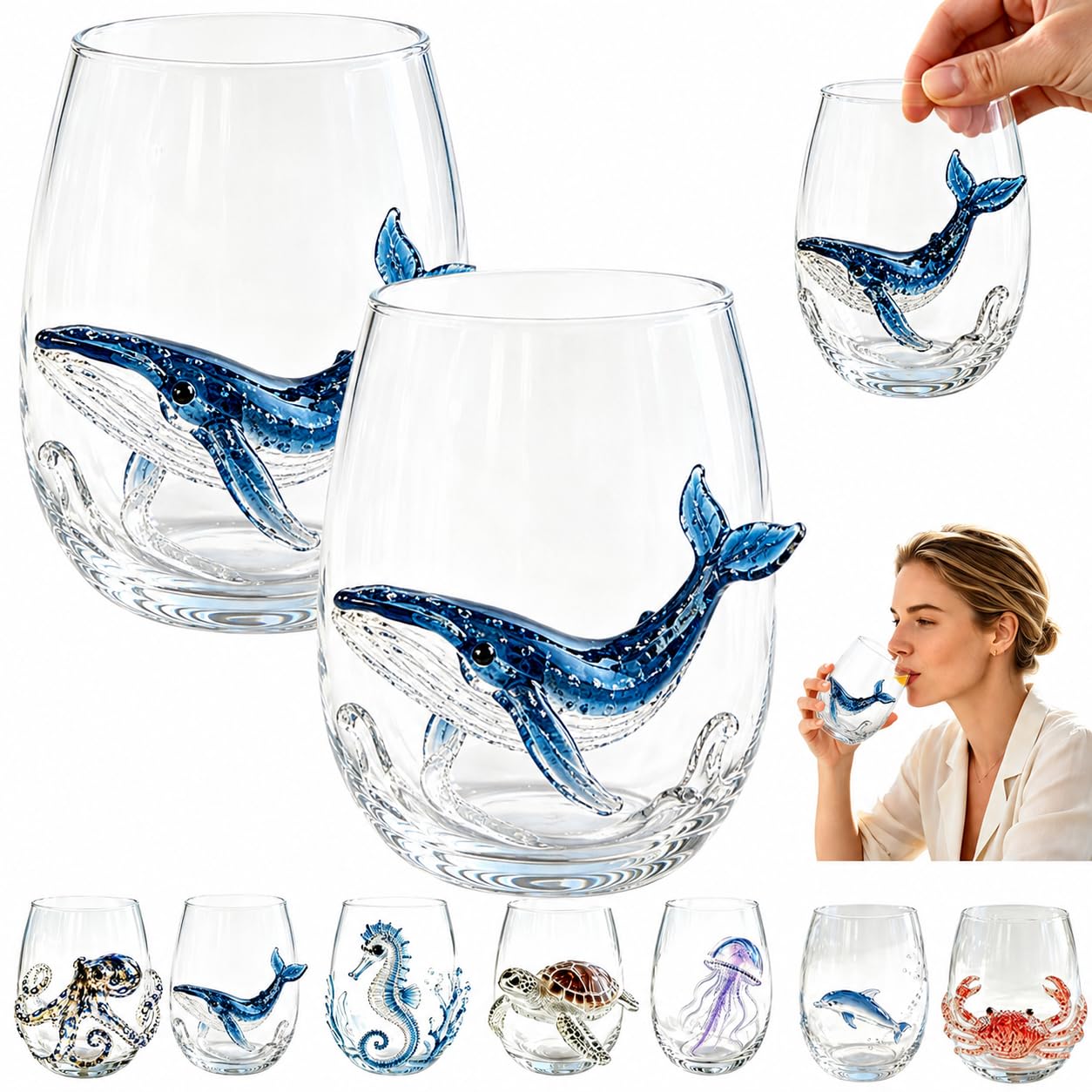 Artisanal Blue Ringed Octopus Glassware,3D Octopuses Stemless Wine Glasses,Handcrafted Marine Animal Bar Glass,Ocean Animals Borosilicate Tumbler,Coastal Home Decor Gift for Ocean Lovers