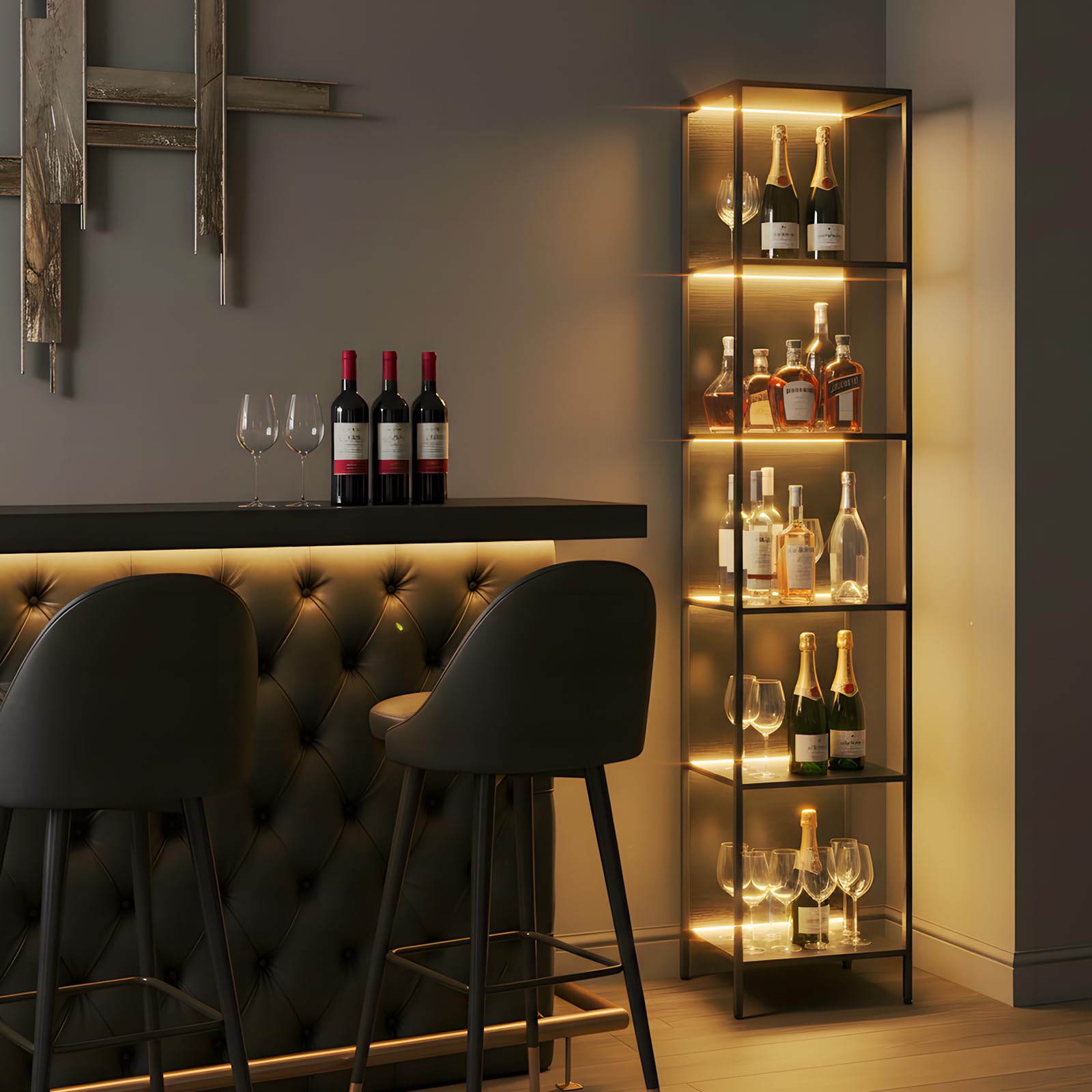 EGGREE Offene Sammlervitrine mit LED-Beleuchtung,Regal mit 6 LED Farben Beleuchtung, Vitrine für Sammlerstücke Bücher Wein, für Büro Wohnzimmer Küche, 40x30x178cm | Offene Sammlervitrine, 6 LED-Farben, Regal für Sammlerstücke, Bücher, Wein, geeignet für B