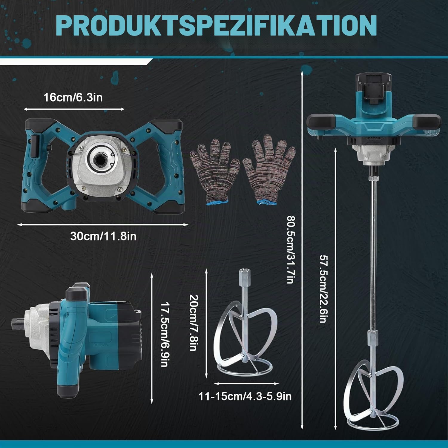 Akku Farbmörtelrührer Kompatibel mit Makita 18V Batterie, 3200W Rührwerk Mörtelrührer Zementrührer mit 2x2600mAh Akkus, 6-Gang, Brushless Farb-Mörtelrührer für Zement, Beton und Farbe