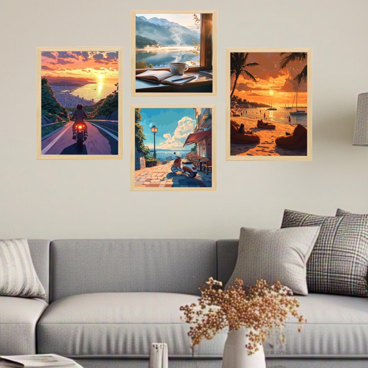 Travel-Themed Wall Art Set, 4-Piece Framed Paintings Collection, Scenic Landscapes and Sunsets, 25x33 cm and 25x25 cm, Modern Home Decor 2