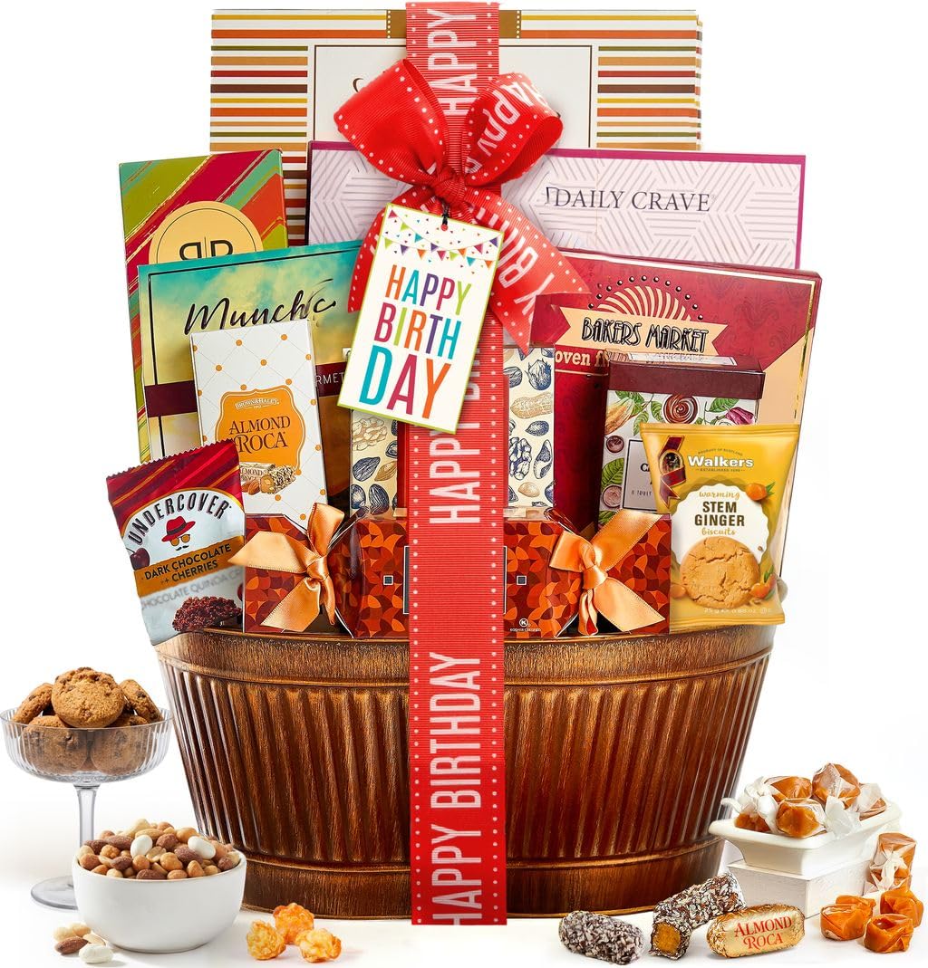 Broadway Basketeers Birthday Gift Basket – Gourmet Snacks & Sweet Treat Box with Cookies, Candy & more - Food Gift Basket for Women, Men & Families - Happy Birthday Surprise Box, Kosher