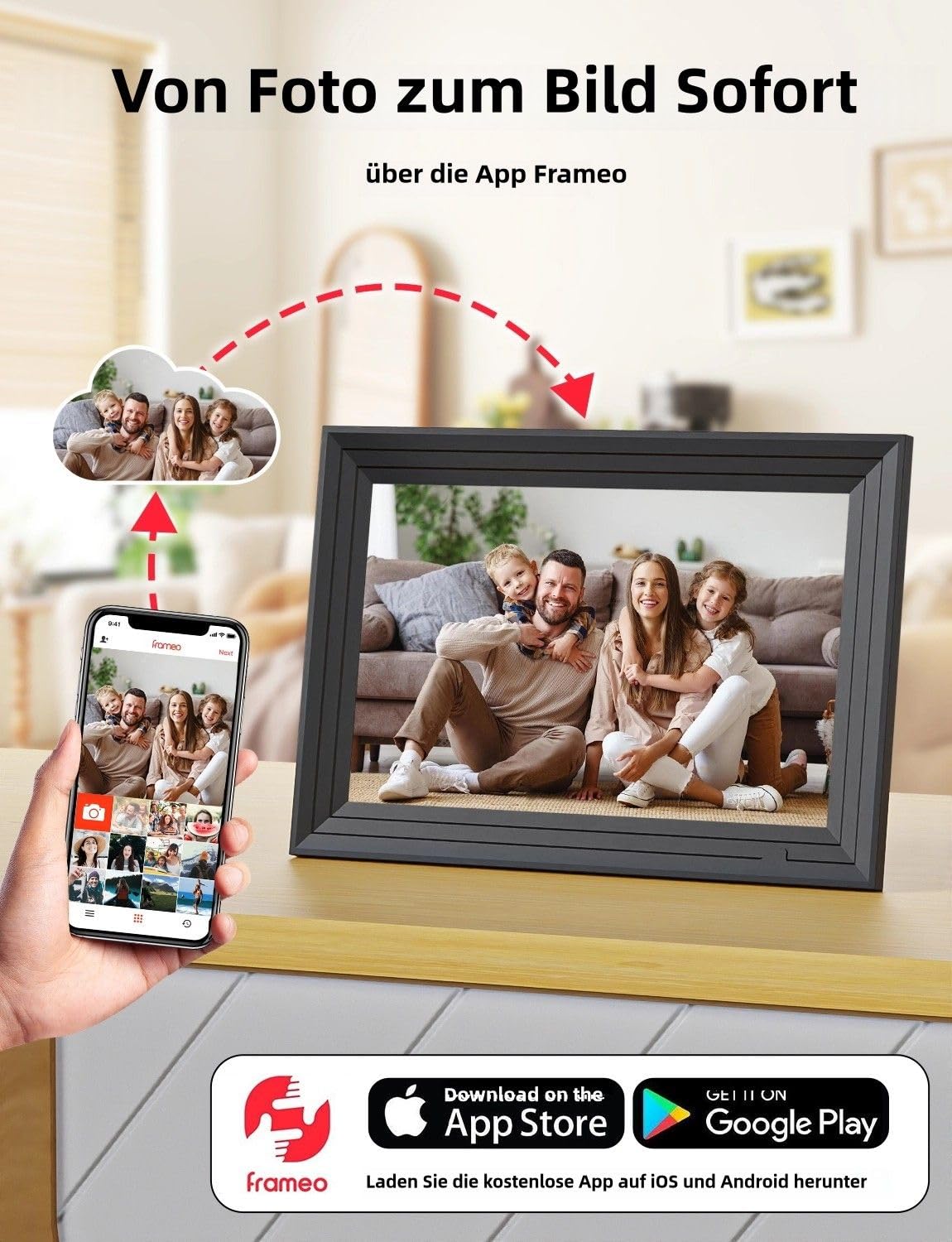 Digitaler Bilderrahmen WLAN Frameo 10,1 Zoll 32GB Luakug | WiFi Elektronischer Digitale Photo Frame 1280x800 HD IPS Touchscreen Automatische Rotation Teilen Sie Fotos und Videos Sofort